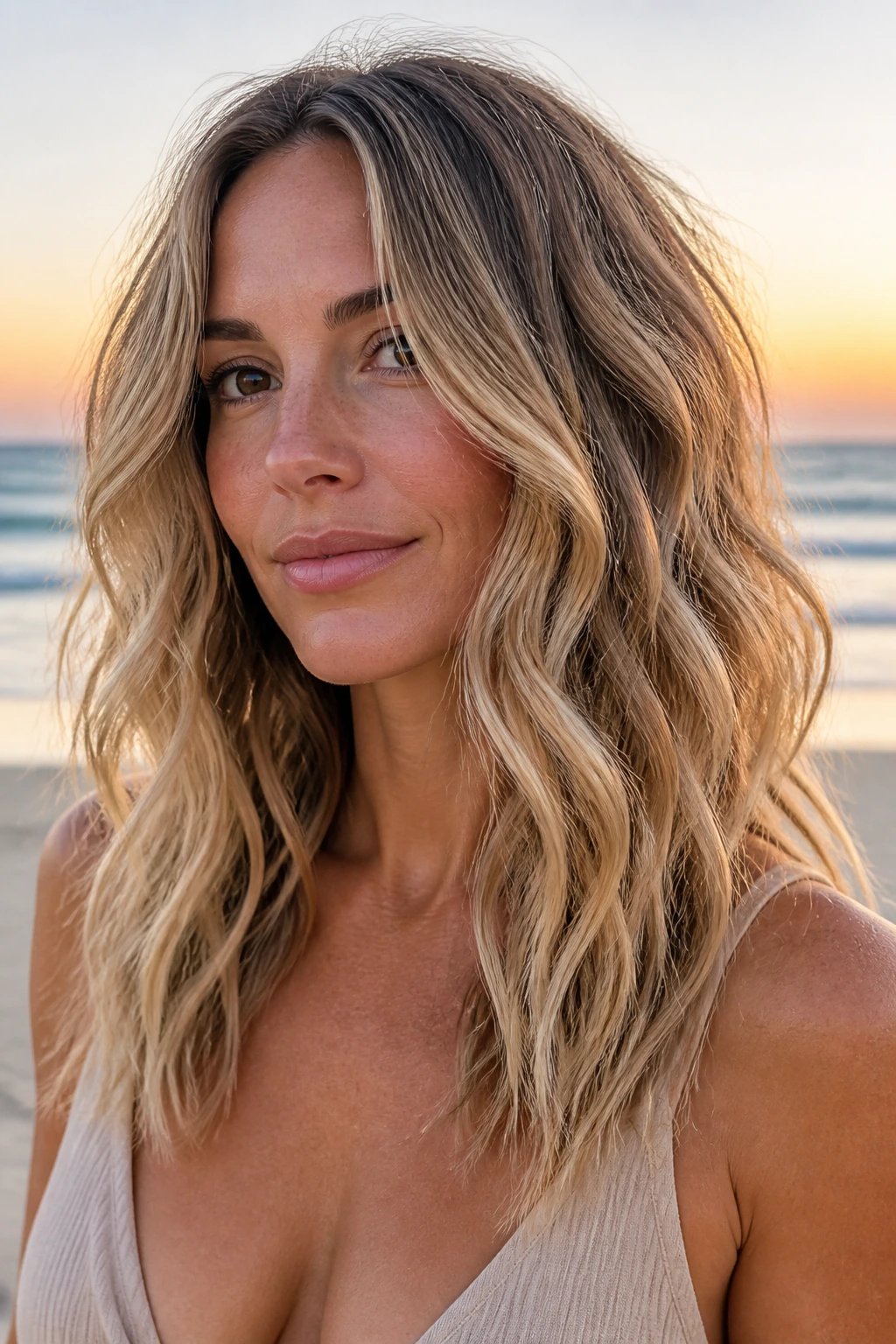 Close-up of a woman with mermaid waves and long face frames, brushed-out romantic texture