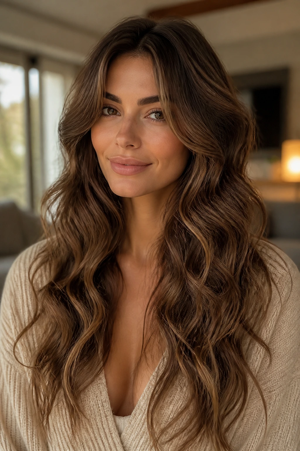 Real woman's long mermaid waves with hidden layers from cheekbone to chest.