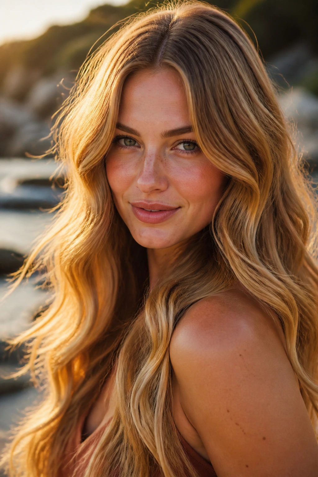 Real woman with long mermaid waves and honey ends in sunlit outdoor setting