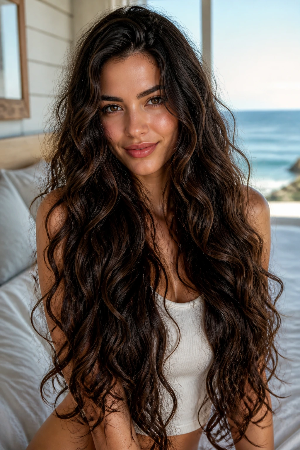 Portrait of a woman with mermaid-length waves and internal layers