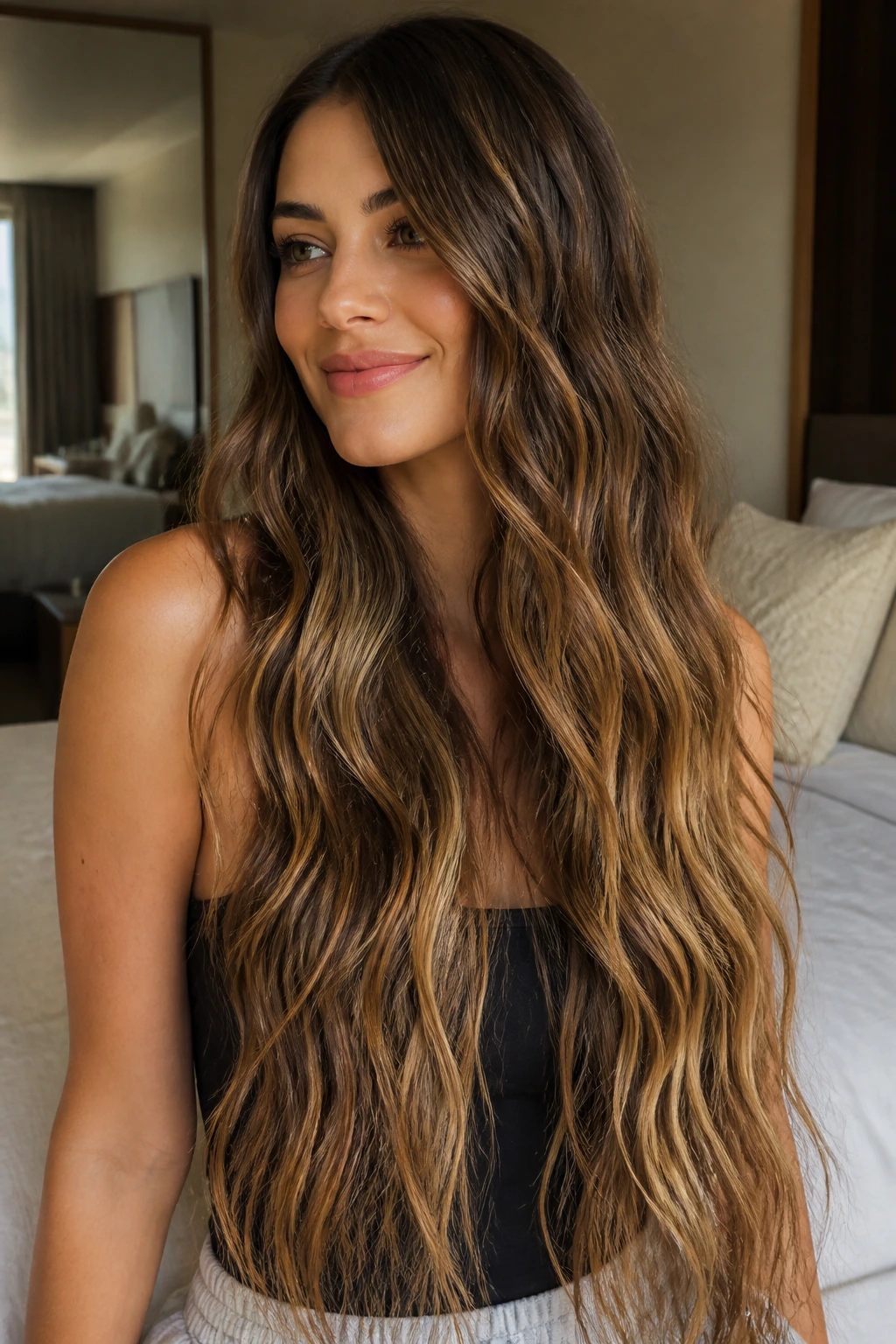 Close-up of a real person with waist-length mermaid waves and invisible layers.