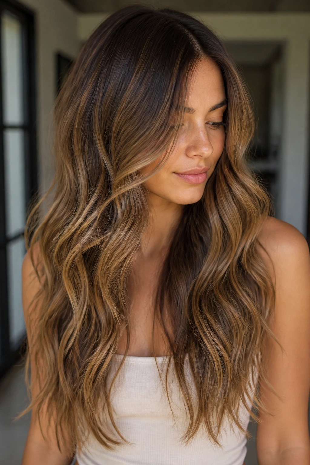 Real woman with long, airy mermaid waves and understated layers