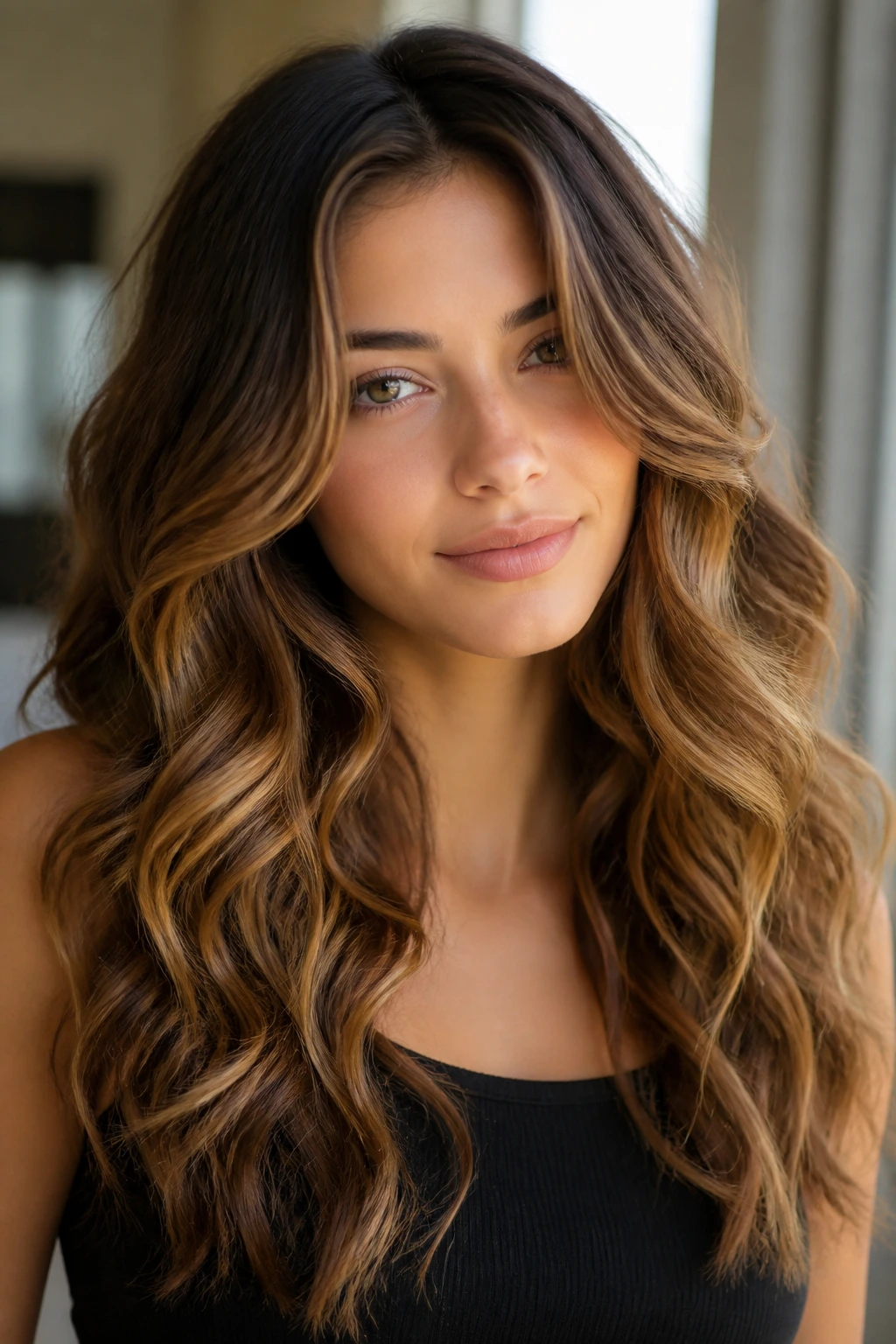 Close-up of mermaid waves with long layers hairstyle on real woman