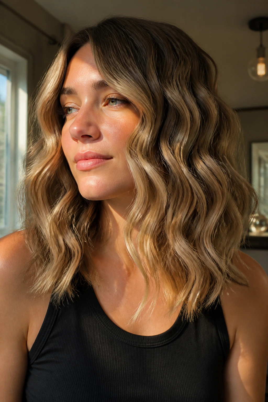 Close-up of real person with mermaid waves on mid-length hair in soft sunlight.