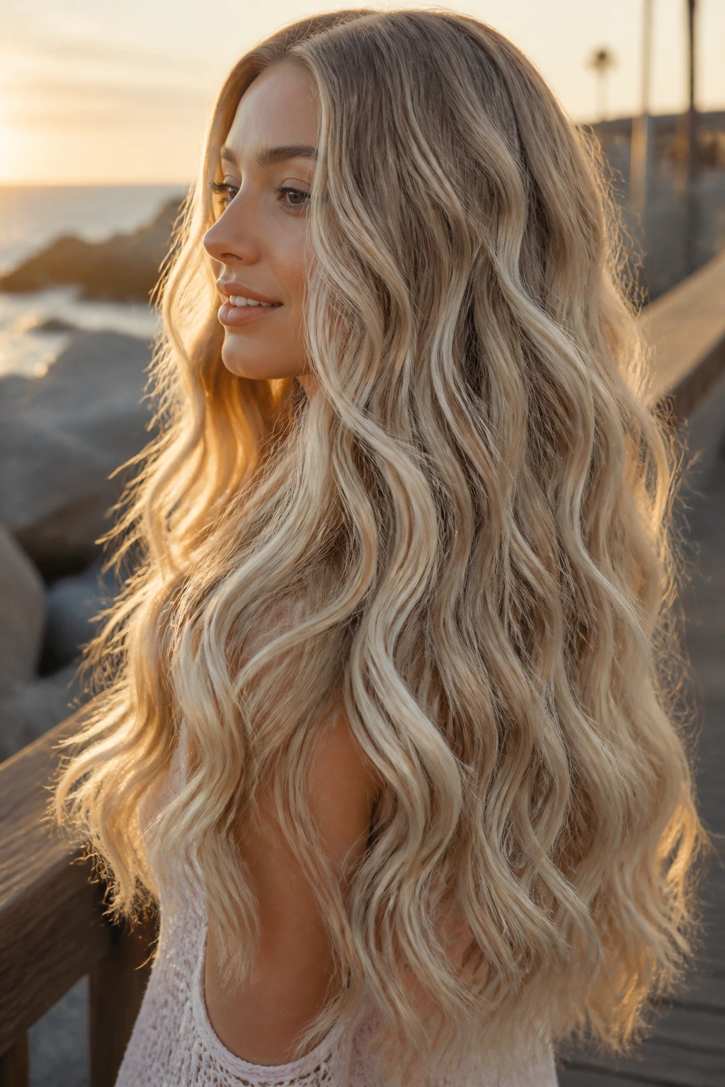 Close-up of a real woman with long mermaid waves and pearl blonde highlights