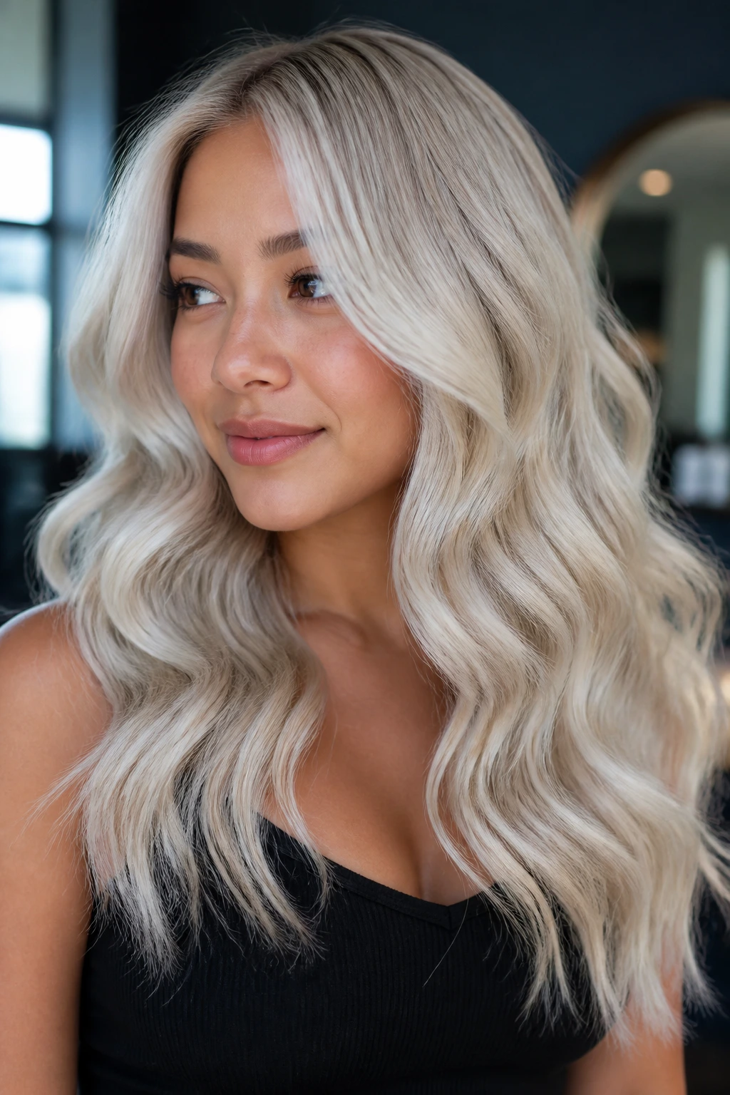Close-up of a real woman with long icy-blonde mermaid waves and pearl frost highlights.