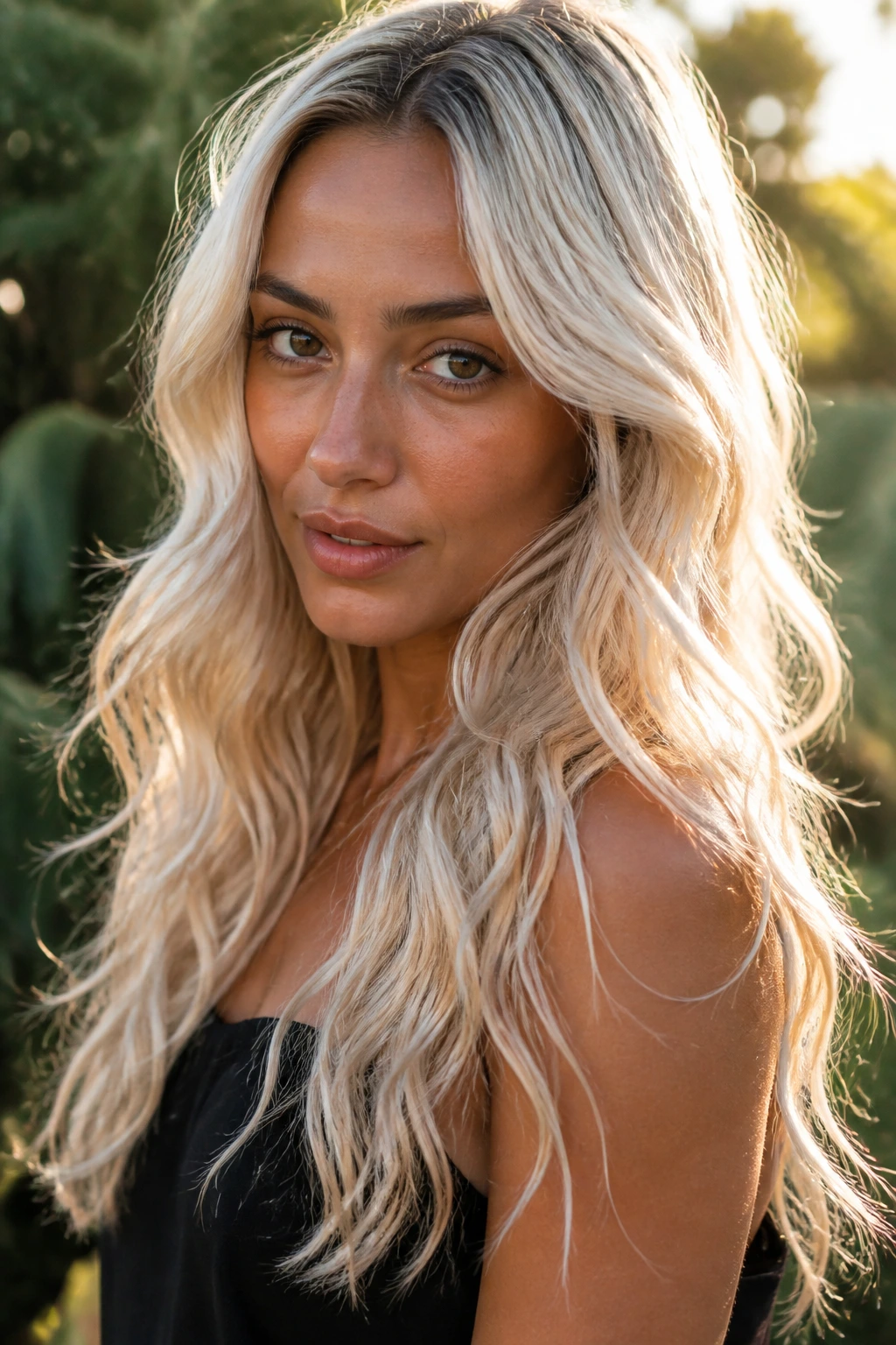 Close-up portrait of a real woman with mermaid waves and loose ends on platinum hair, olive skin, in natural outdoor light