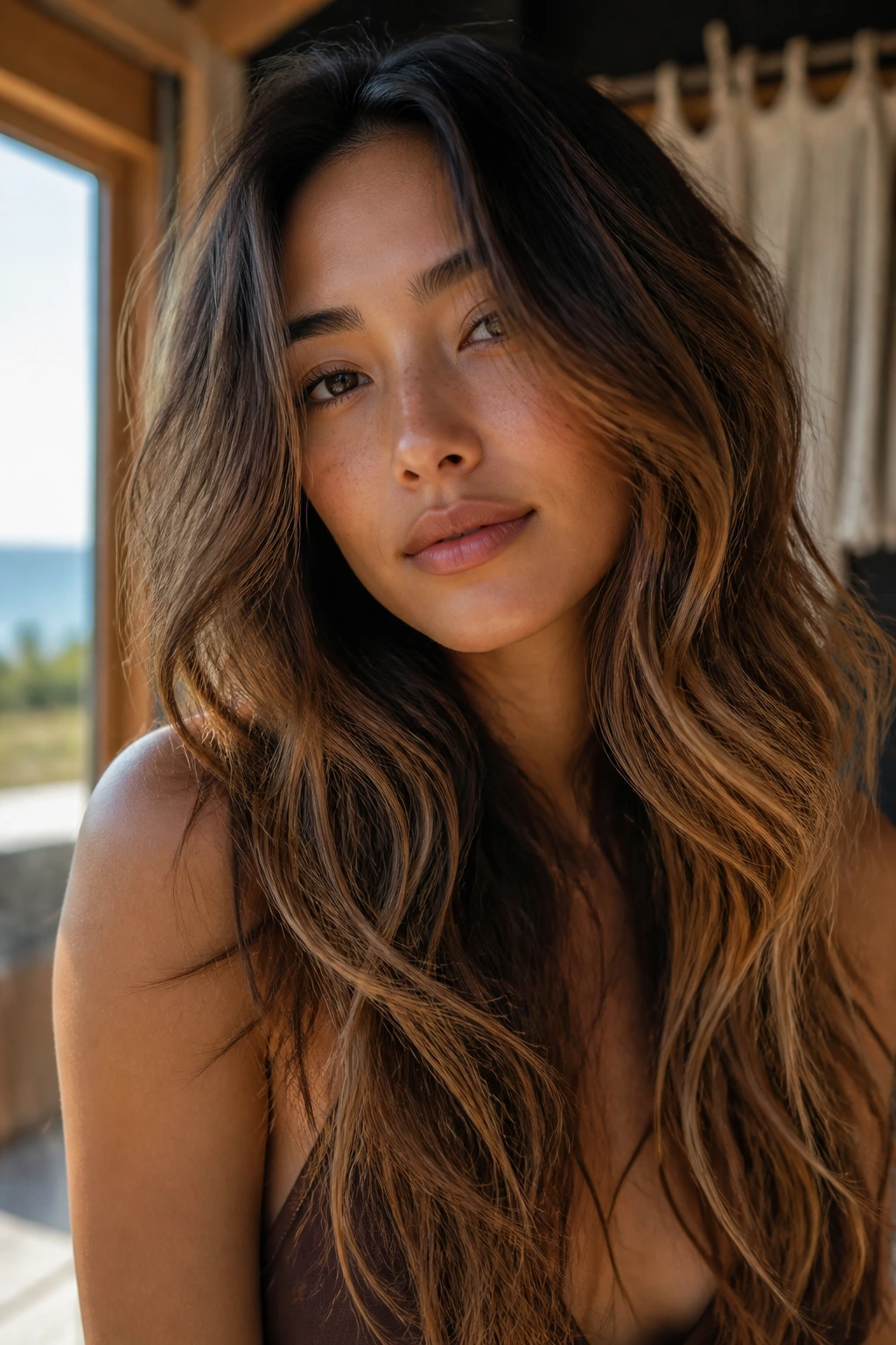Real woman with wavy mermaid layers and rooty dimension.