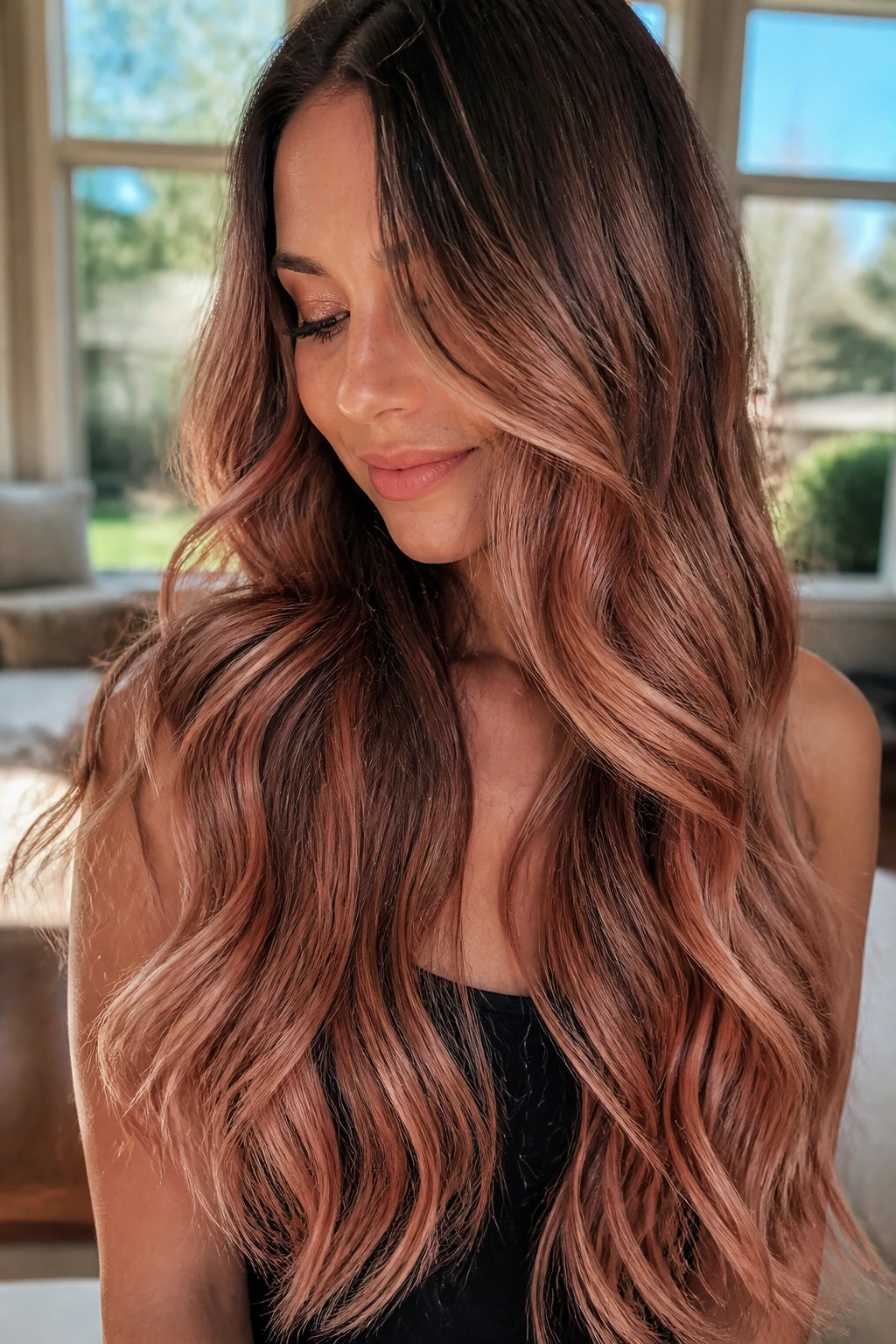 Close-up portrait of a real woman with mermaid waves and rose gold babylights.