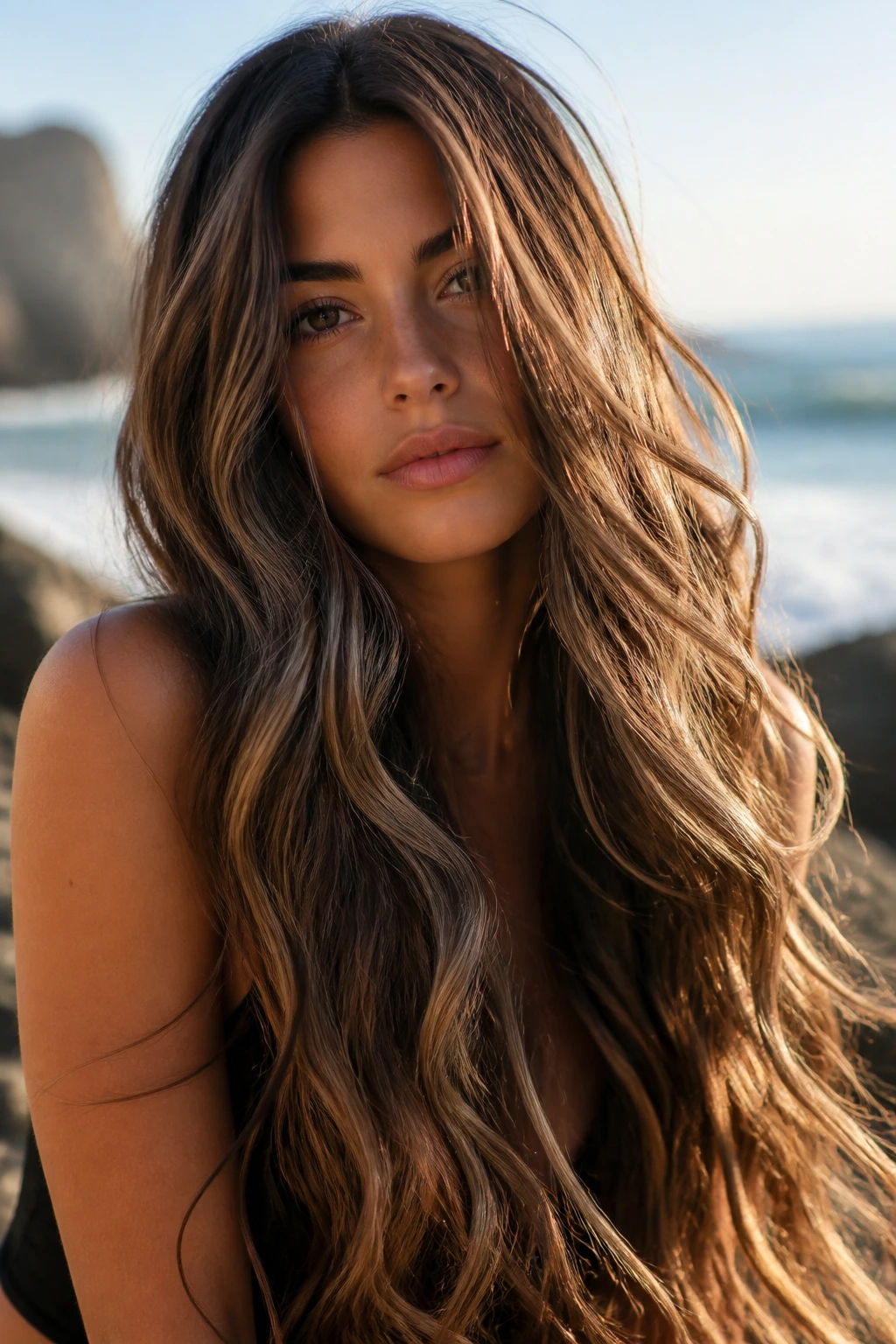 Portrait of a real woman with mermaid-length waves and sable lowlights