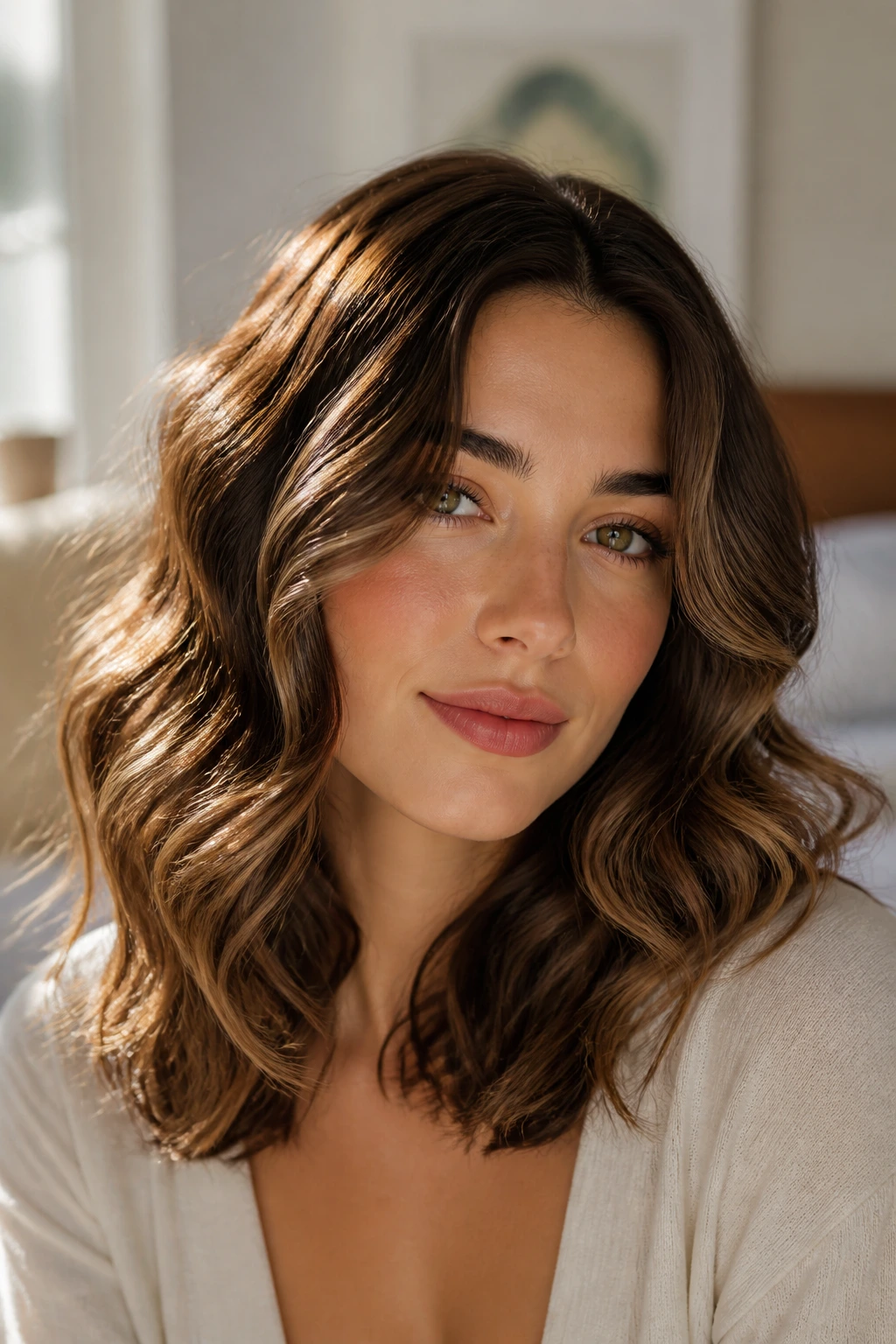 Close-up portrait of a woman with shoulder-length mermaid waves in natural window light