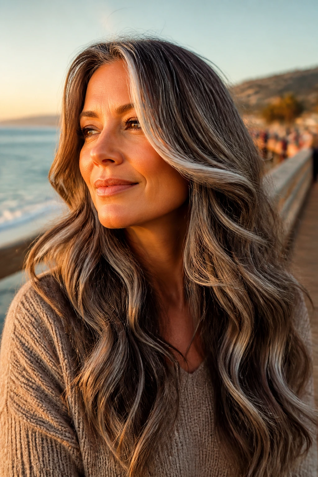 Real woman with long mermaid waves and silver ribbon highlights