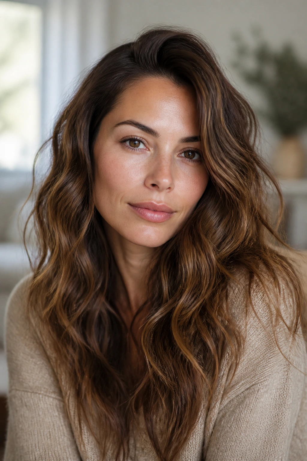 Close-up of a real woman with mermaid waves and a soft off-center part.