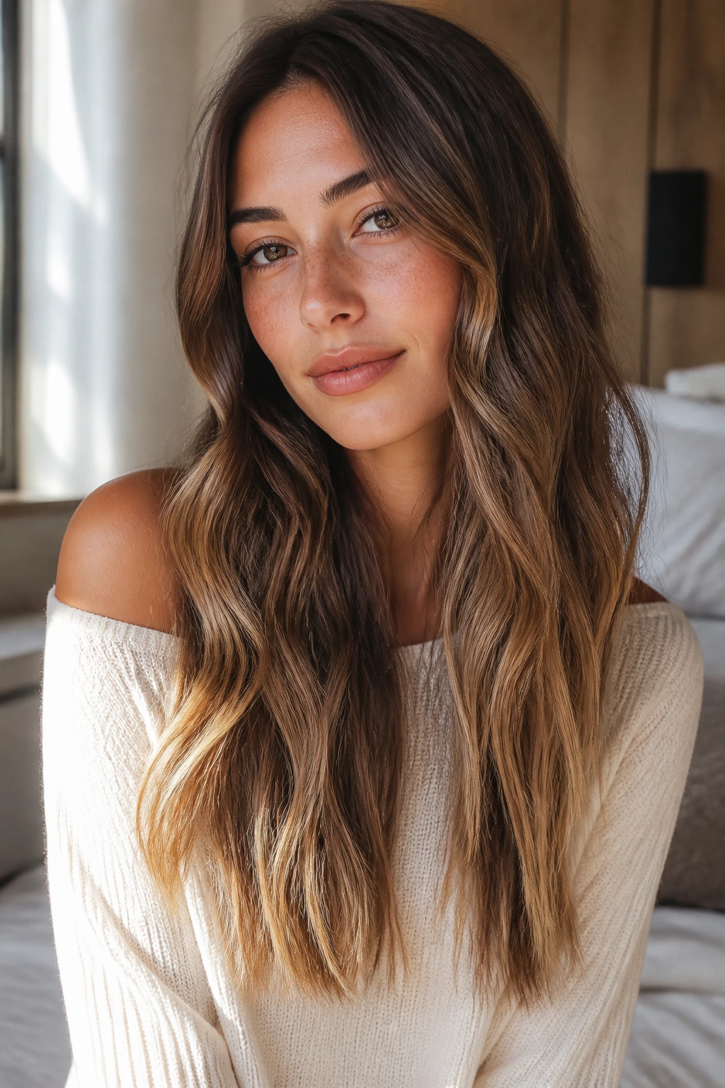 Portrait of a real woman with mermaid waves and straight-through ends