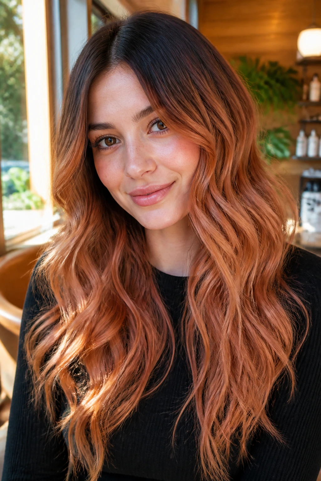 Close-up of a real woman with long mermaid waves and dark roots transitioning to strawberry blonde