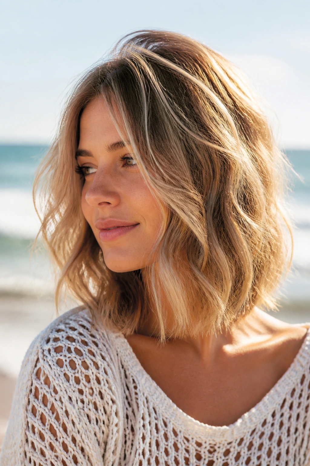 Close-up of a real woman with a messy beach lob and hidden crown volume.