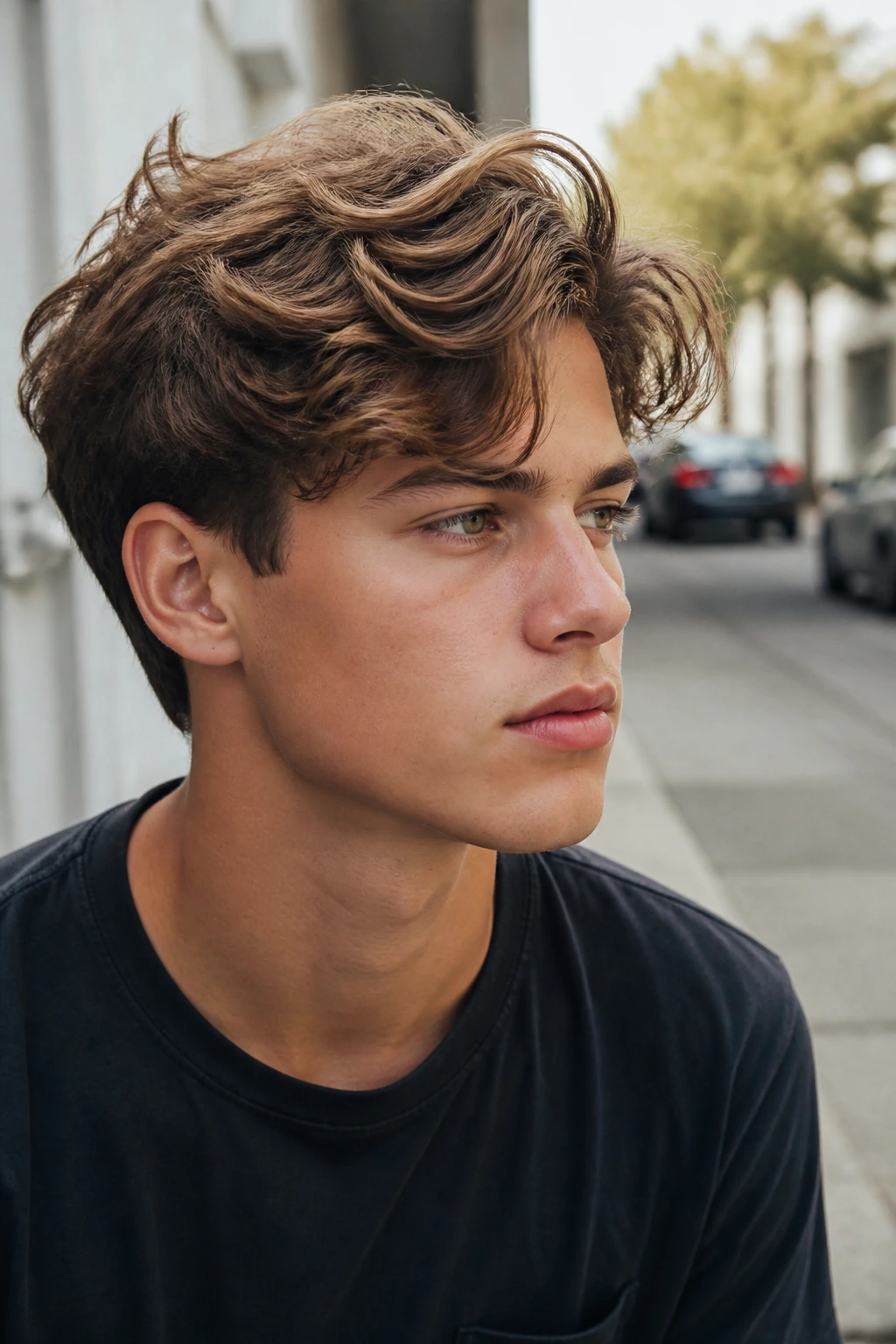 Close-up portrait of a real boy with Messy Bedhead Side Part hairstyle