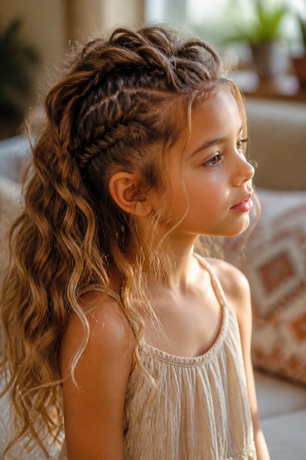 Close-up of a real child with a messy boho mohawk and natural waves.
