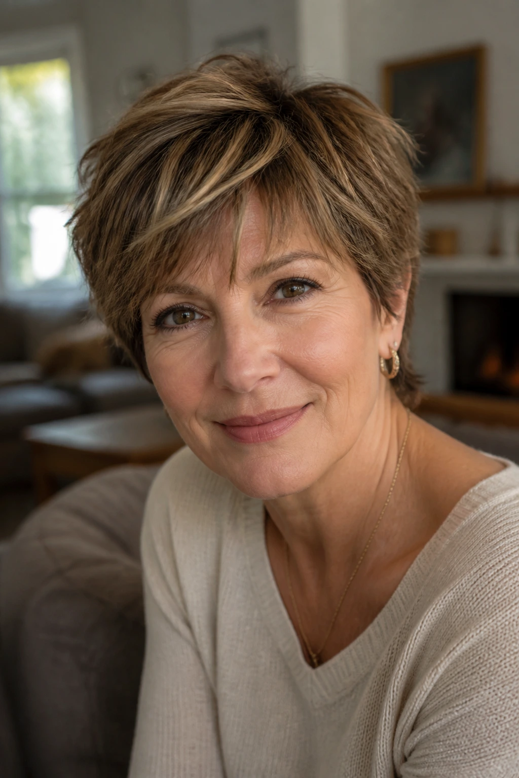 Close-up of a real woman with a messy boyish cut and caramel fringe accents.