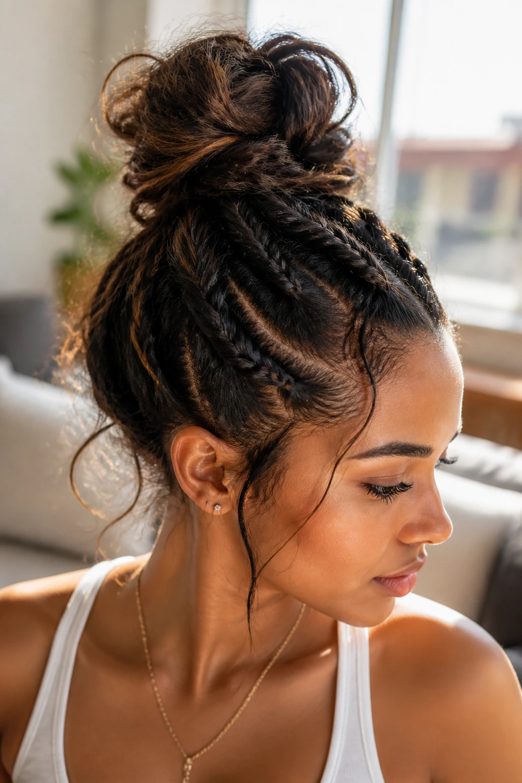 Close-up of a real person with a messy French braid forming a top knot under warm window light