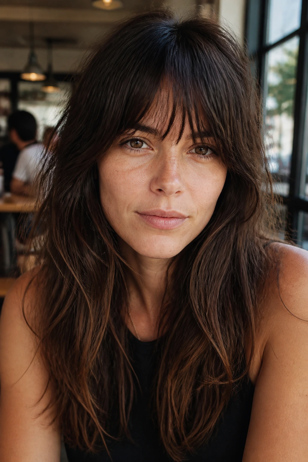 Portrait of a person with messy brow-skimming fringe in a cafe setting.