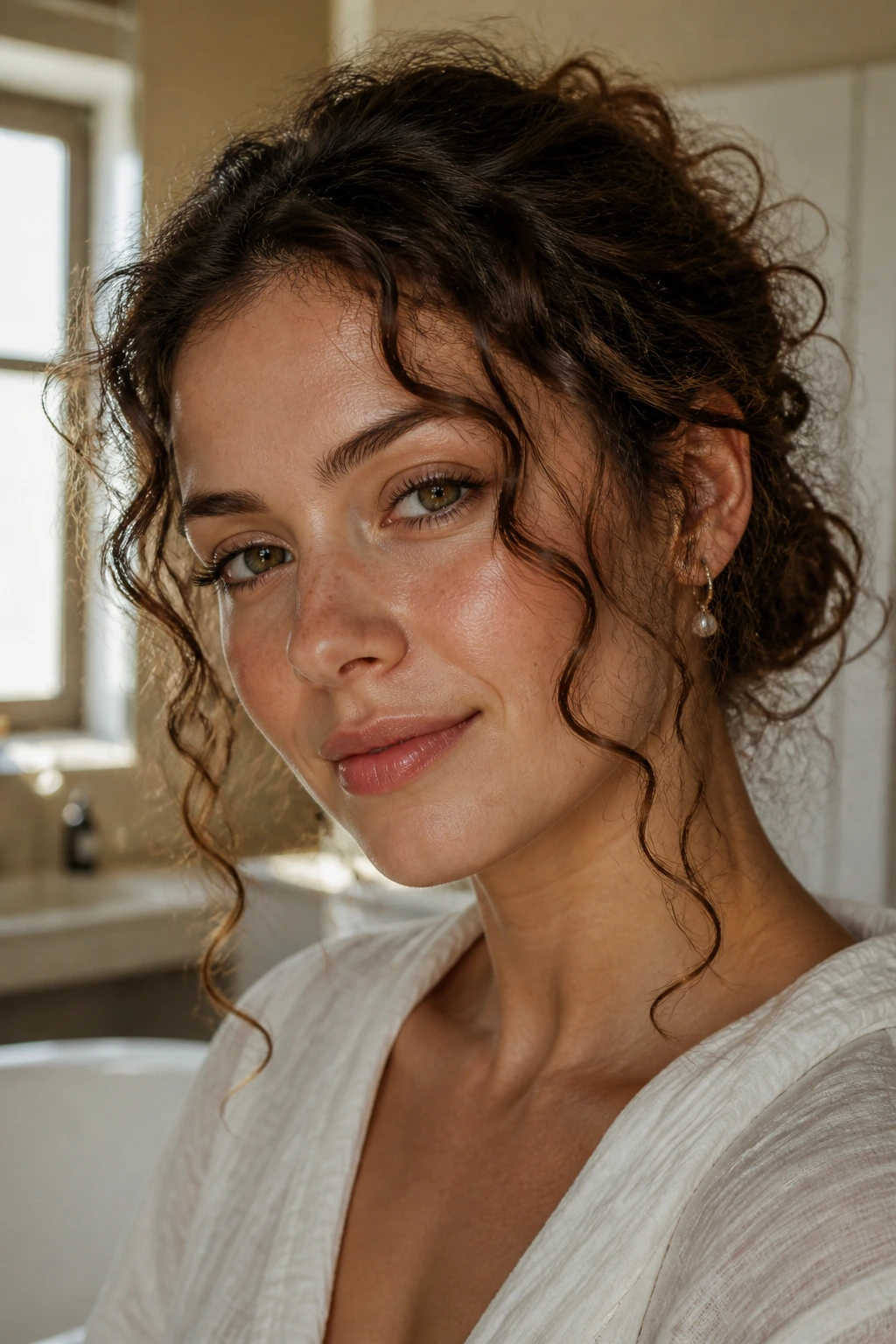 Close-up of a real woman with a messy low bun and curling tendrils.