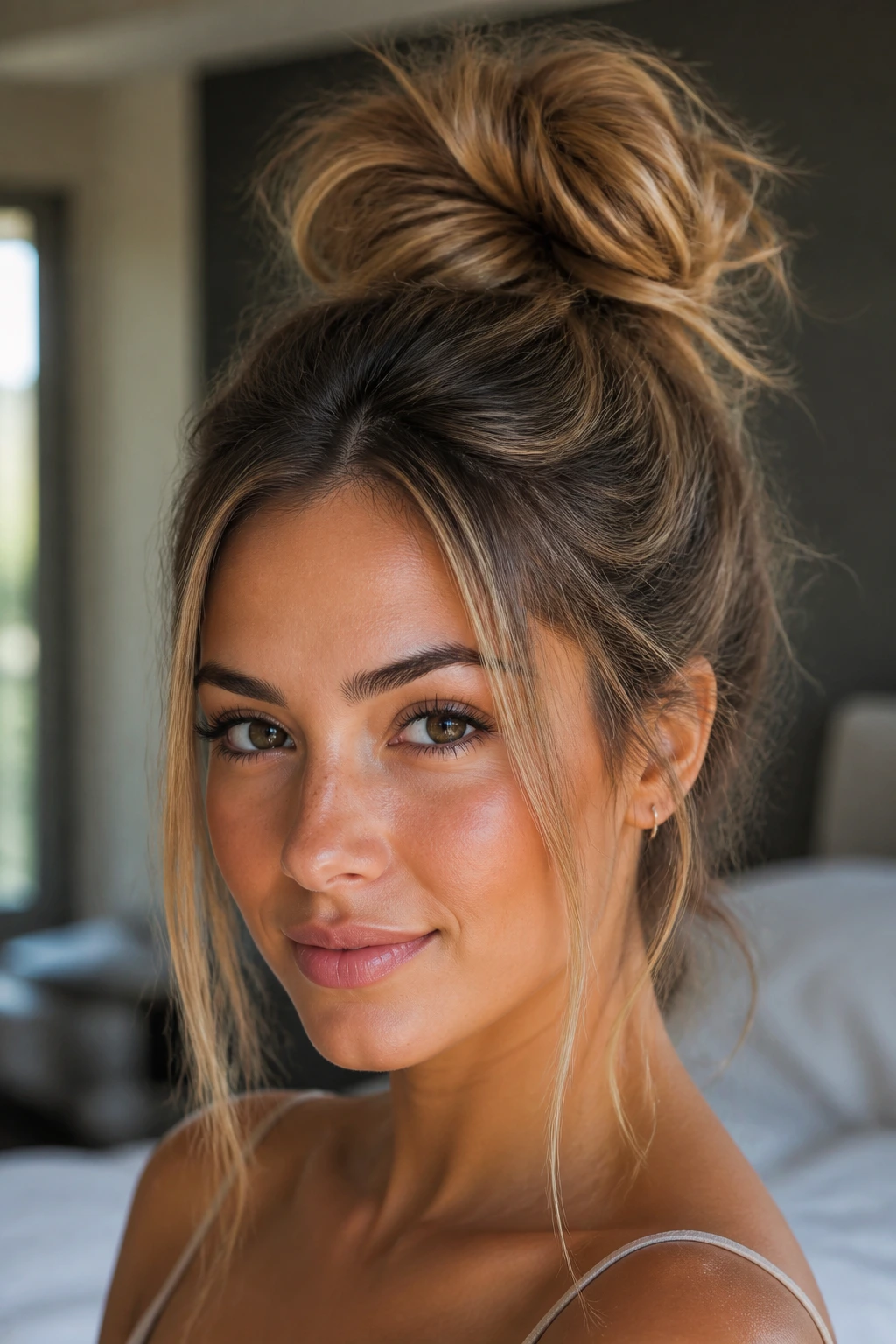 Close-up of a real woman with a messy high bun and face-framing pieces in natural window light.