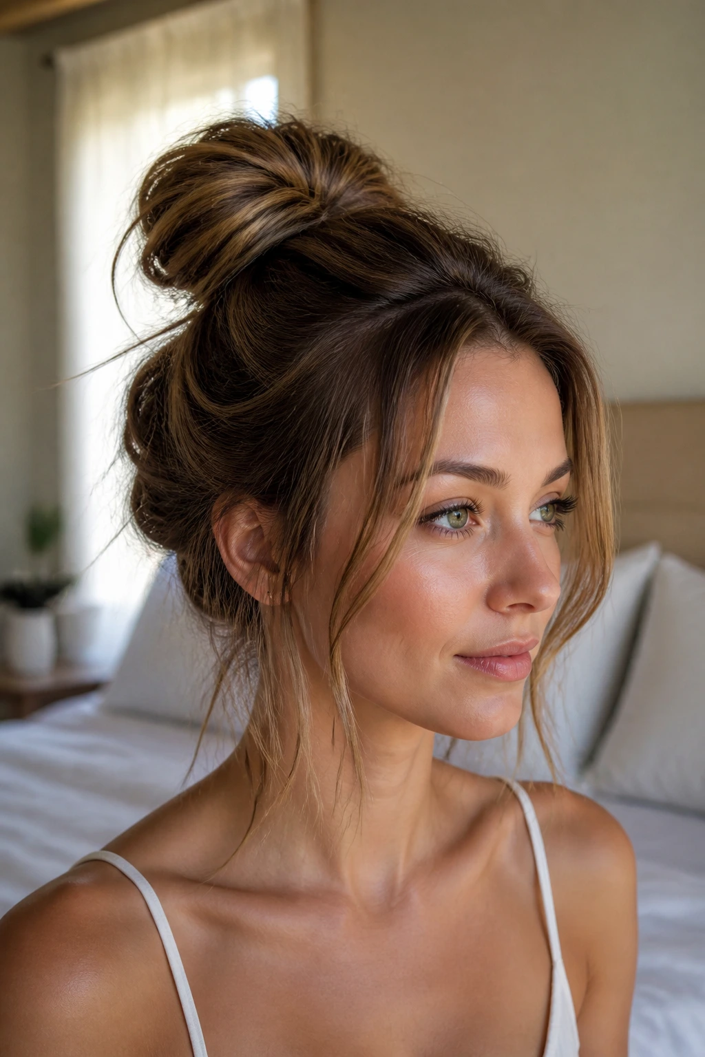 Close-up of a real woman with a messy bun and face-framing pieces in soft morning light.
