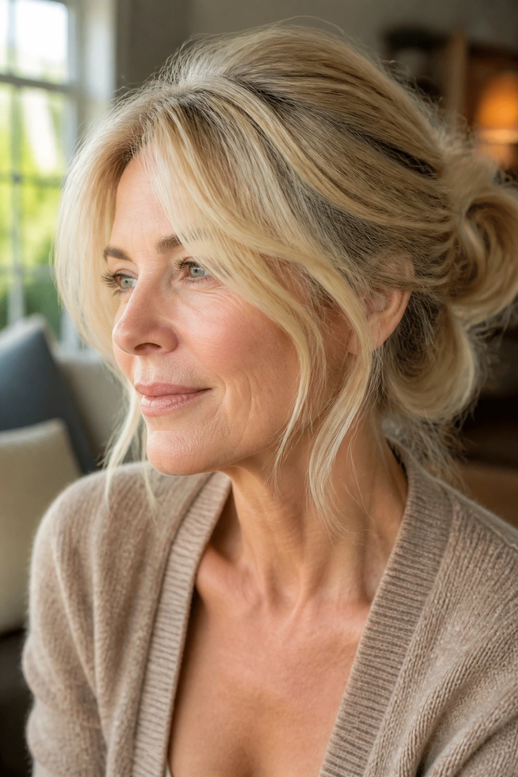 Close-up of a real woman with a loose messy bun and face-framing pieces in natural light.