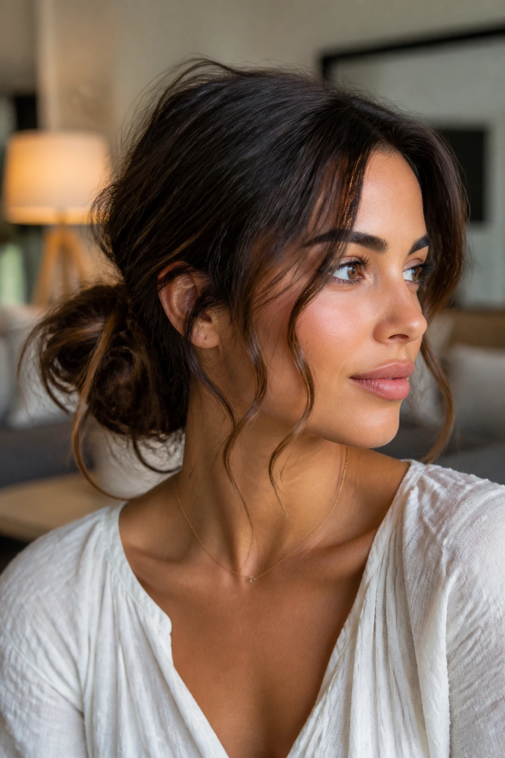 Close-up of a person showing a messy bun with loose wave tendrils.