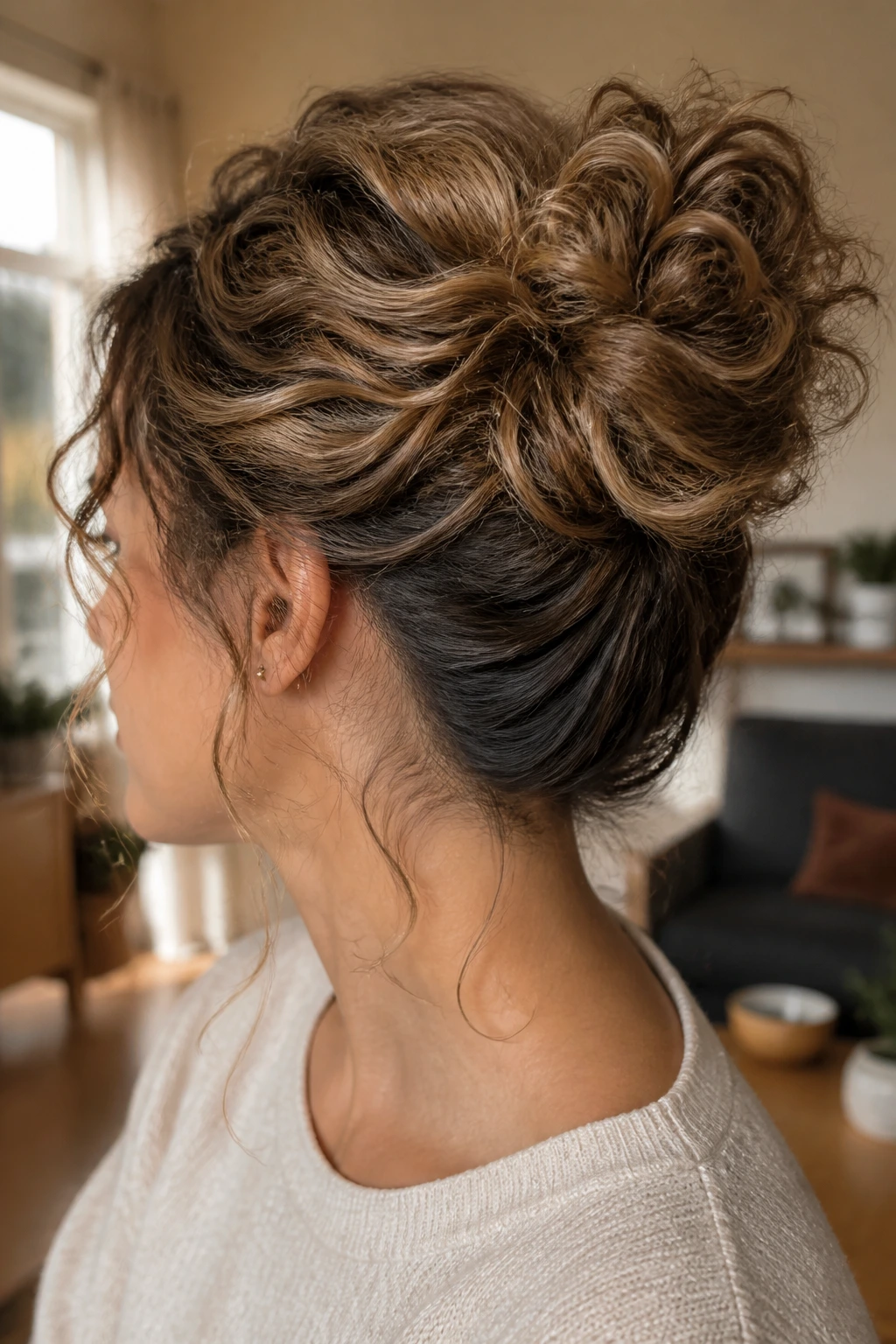 Close-up of a real woman with a messy curly bun showing hidden lowlights at the base.