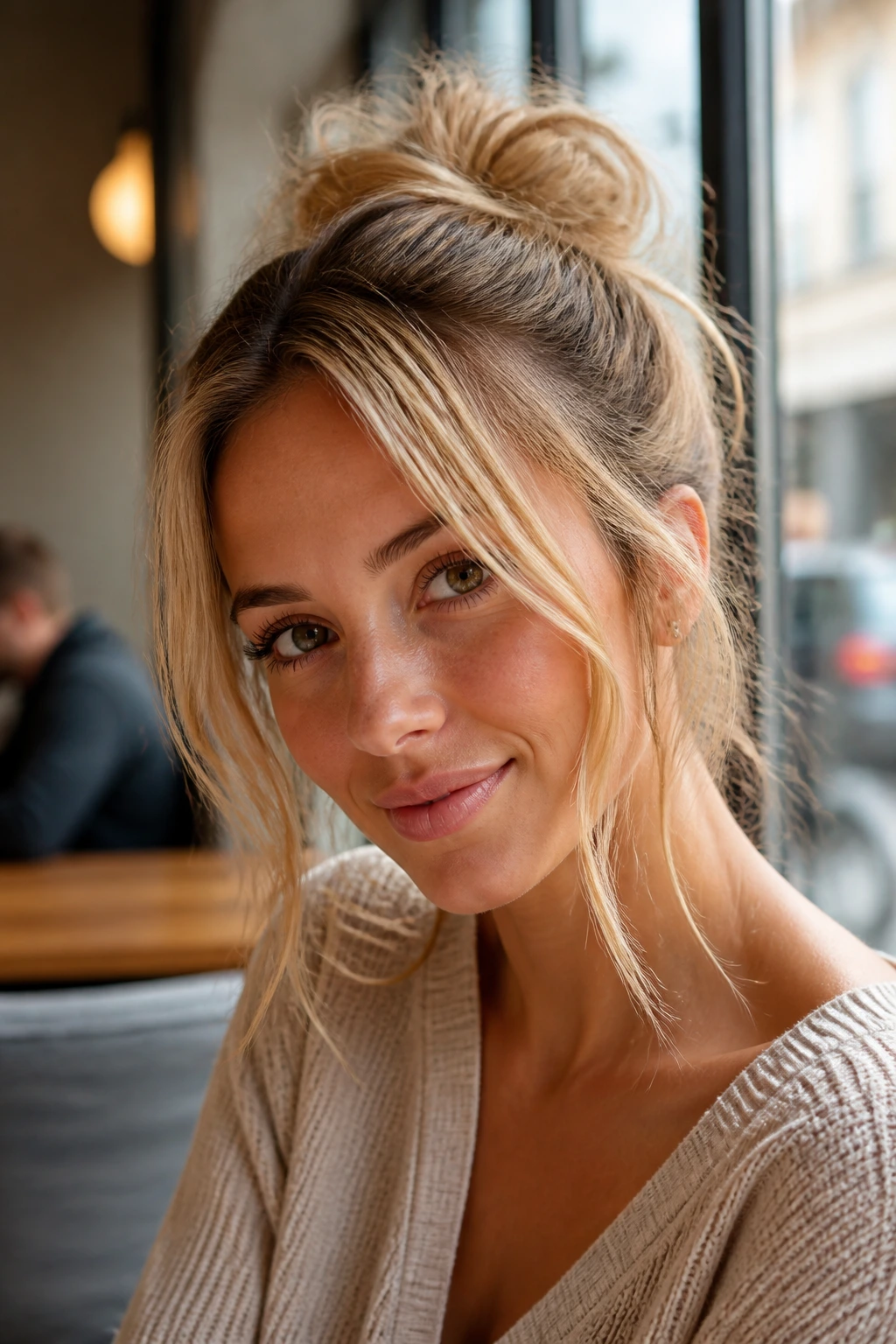 Close-up portrait of a real woman with a messy bun and face-framing tendrils in daylight