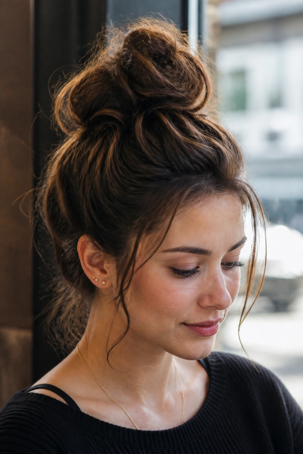 Close-up of a real woman with a messy high bun in thick hair