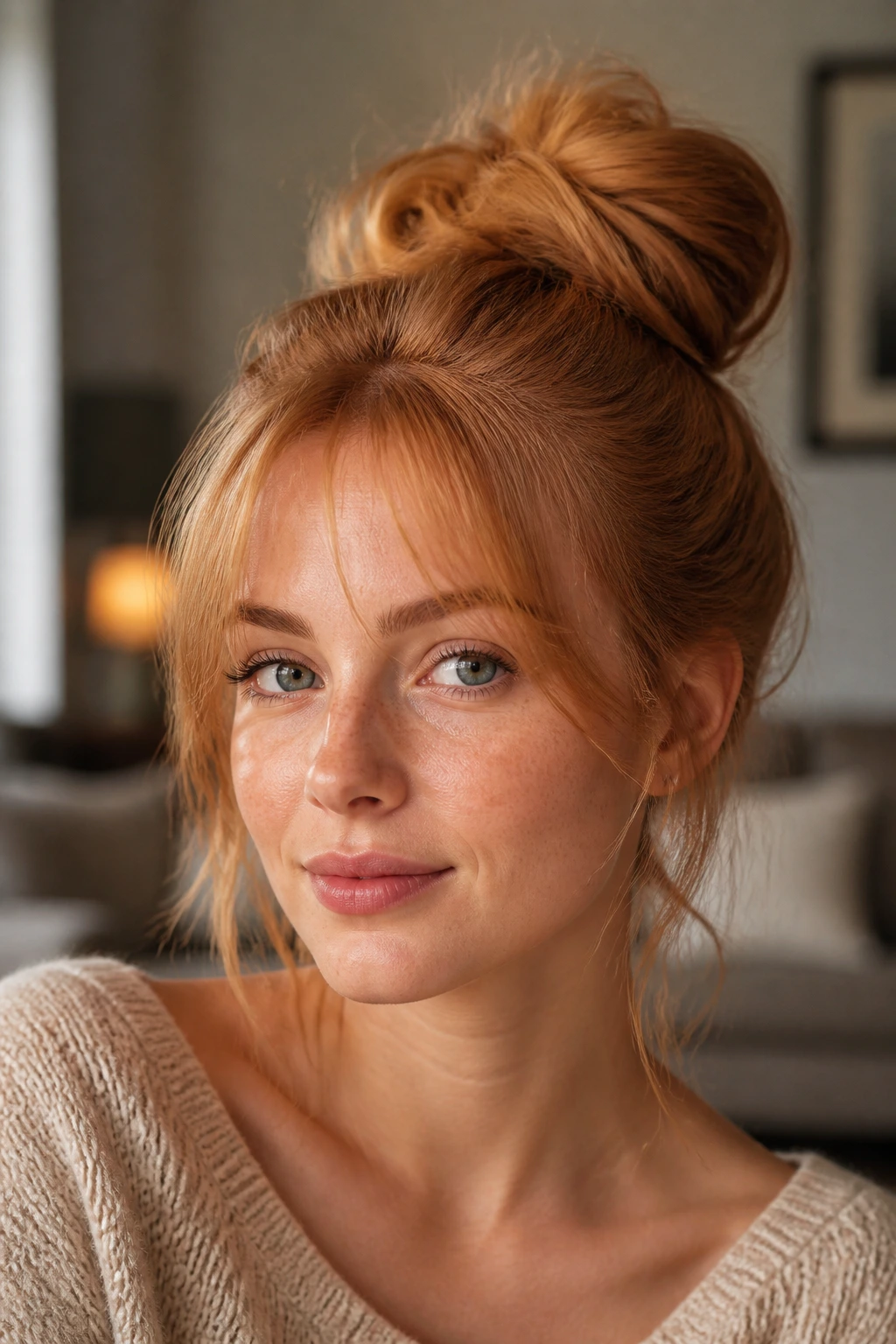 Close-up portrait of a real woman with a messy bun and wispy fringe in strawberry blonde tones.
