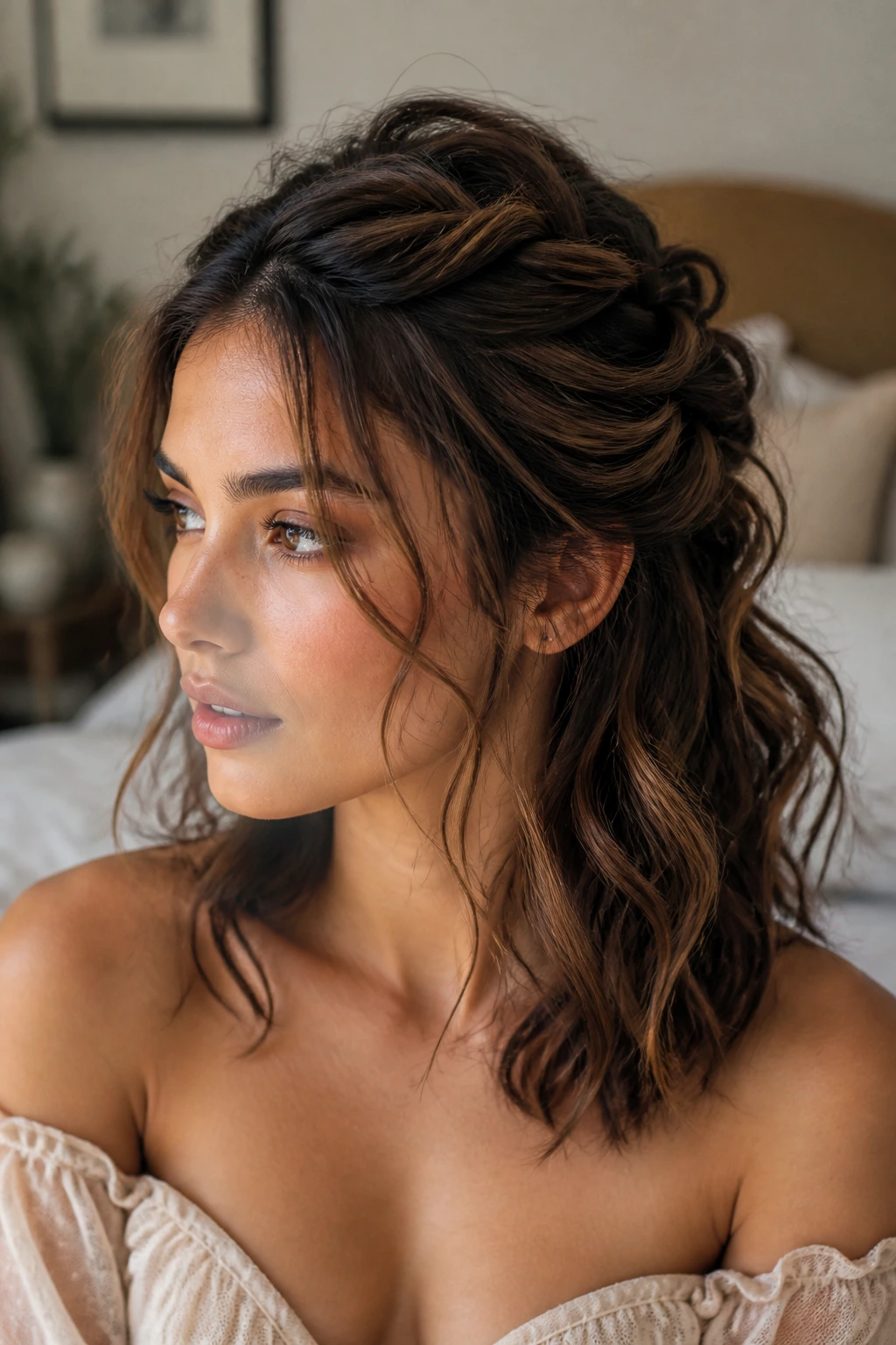 Portrait of a woman with messy-chic formal half-up hairstyle