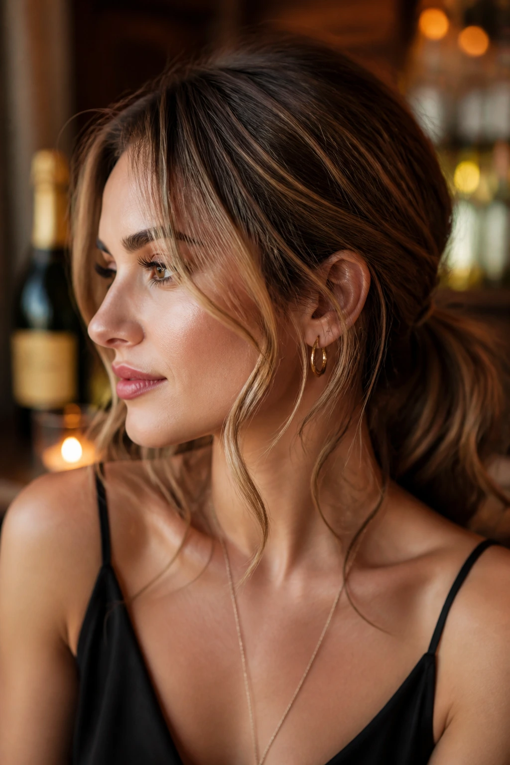 Close-up of a woman with a messy-chic low ponytail and face-framing highlights