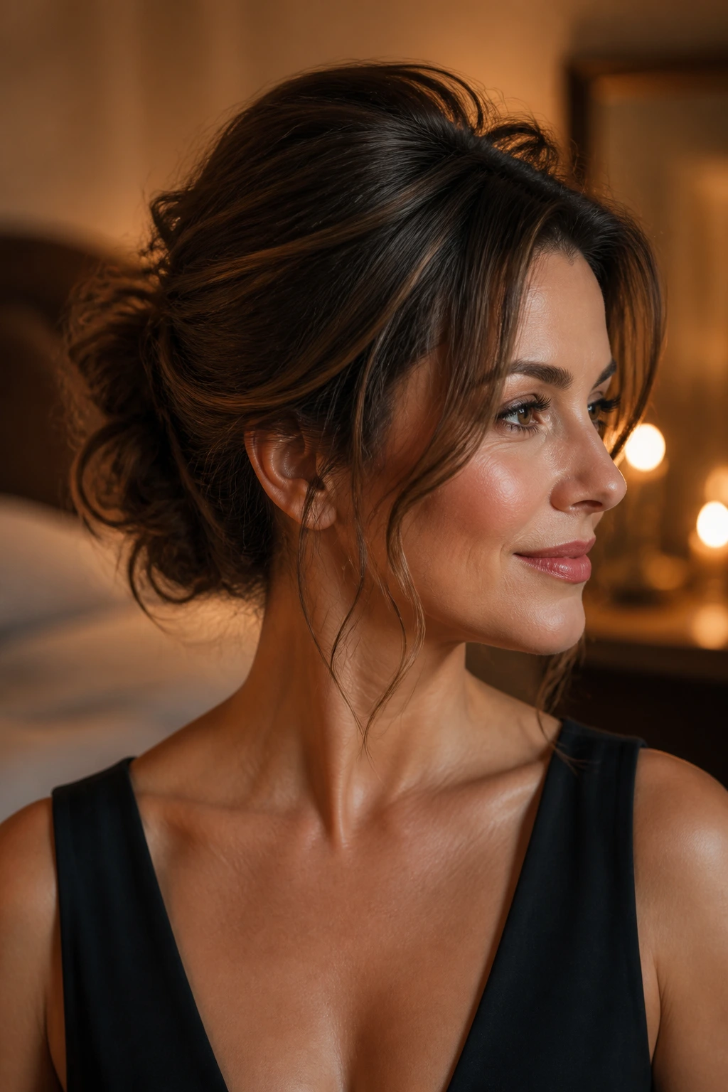 Close-up of a real woman with a messy chignon lifted at the crown