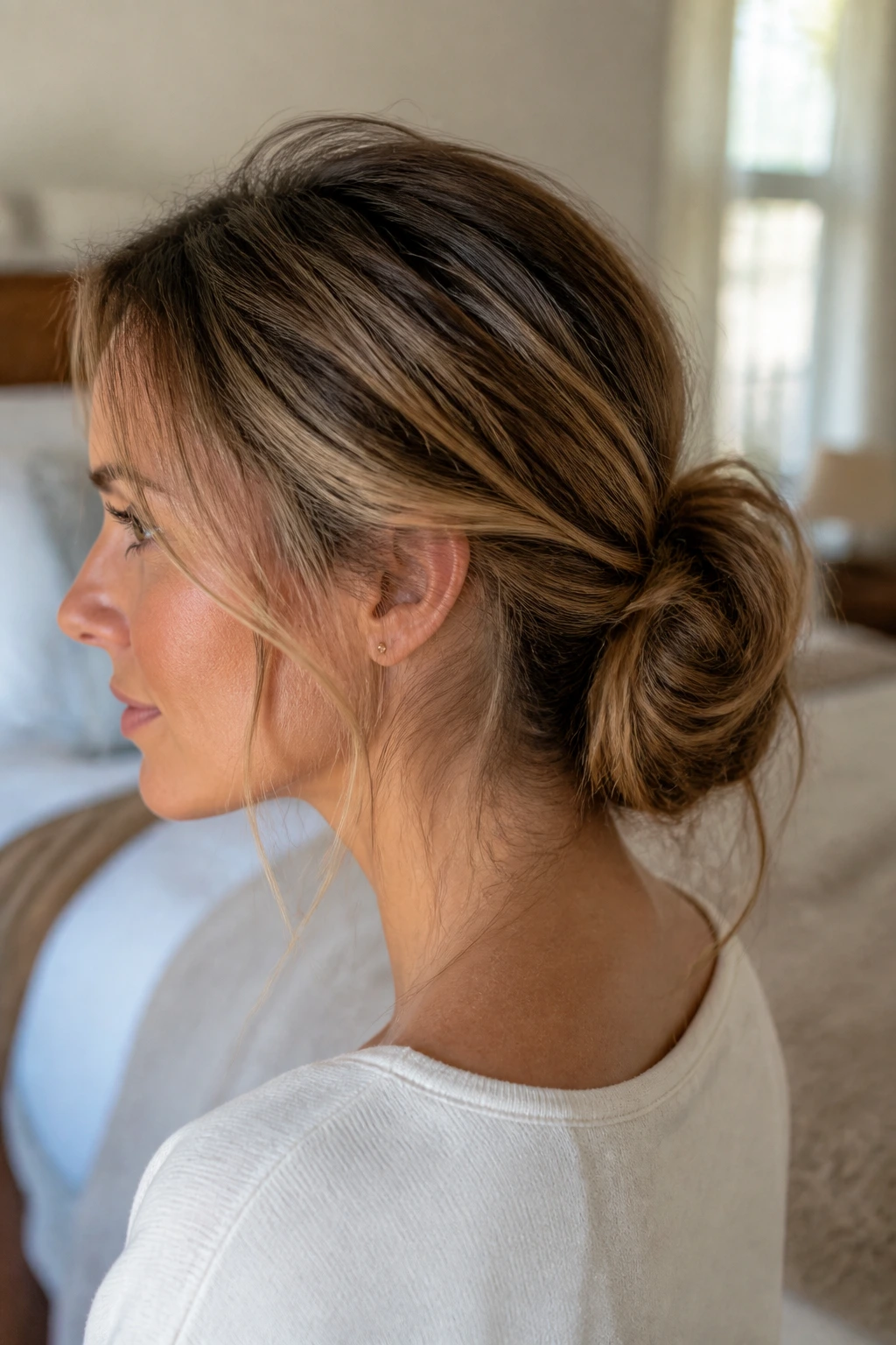Close-up of a real woman with a soft messy chignon at the nape and wispy temples
