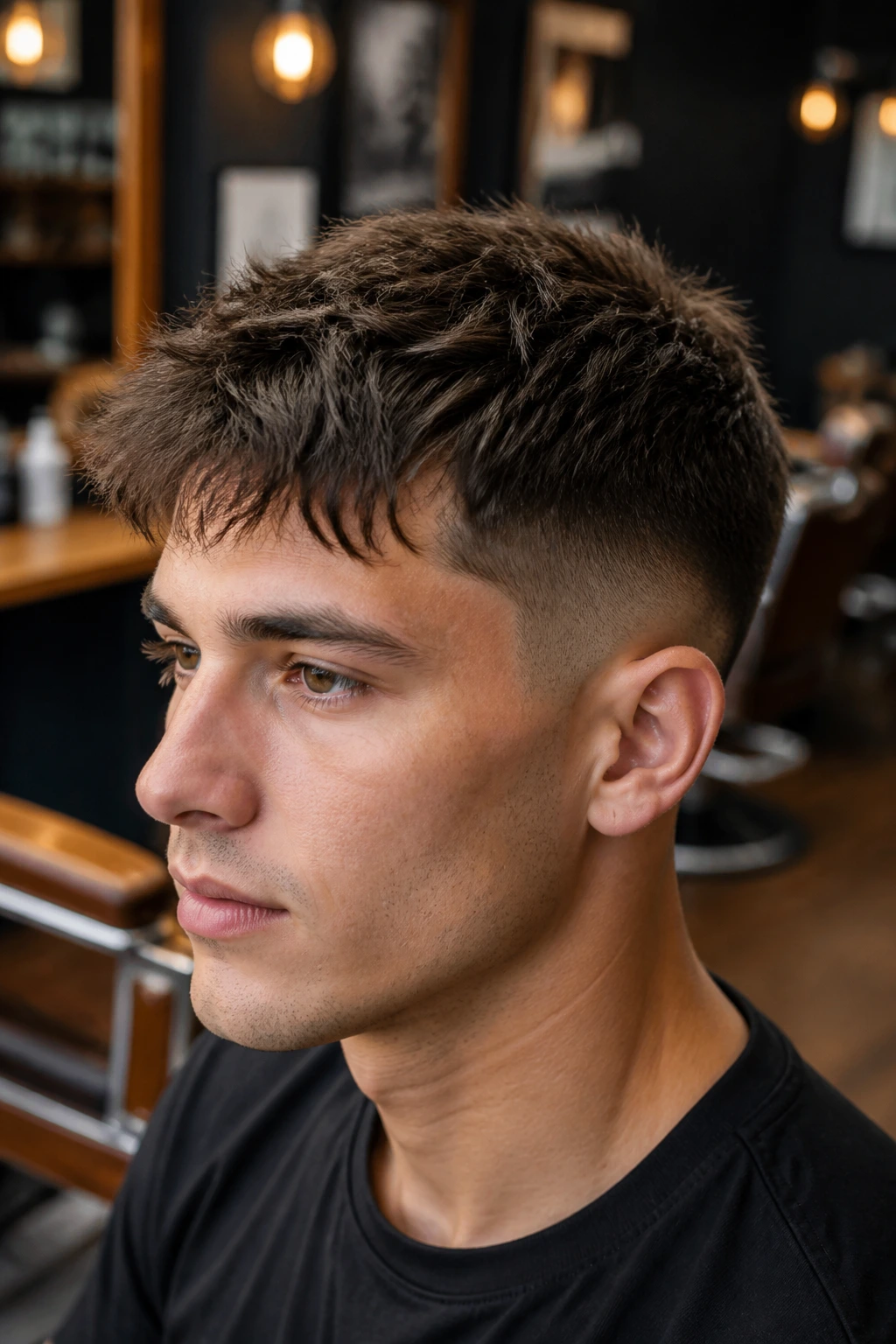 Close-up of a real man with a messy crop fade hairstyle