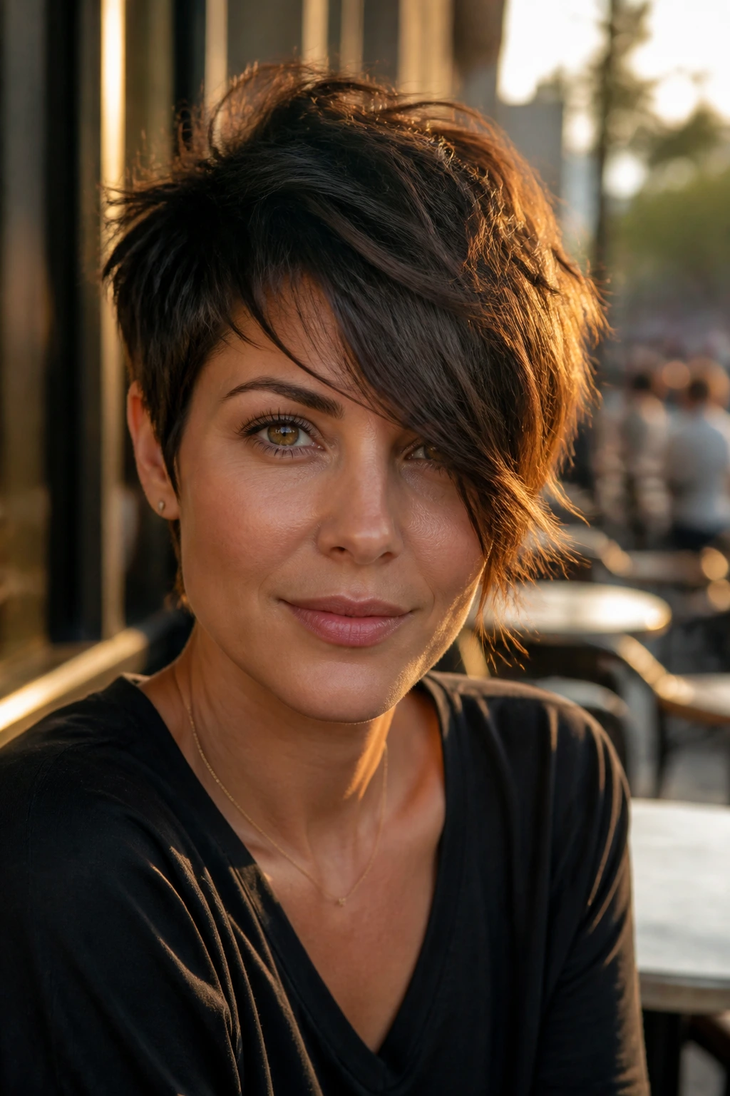 Real woman with messy crop and long side fringe in warm sunset outdoor setting