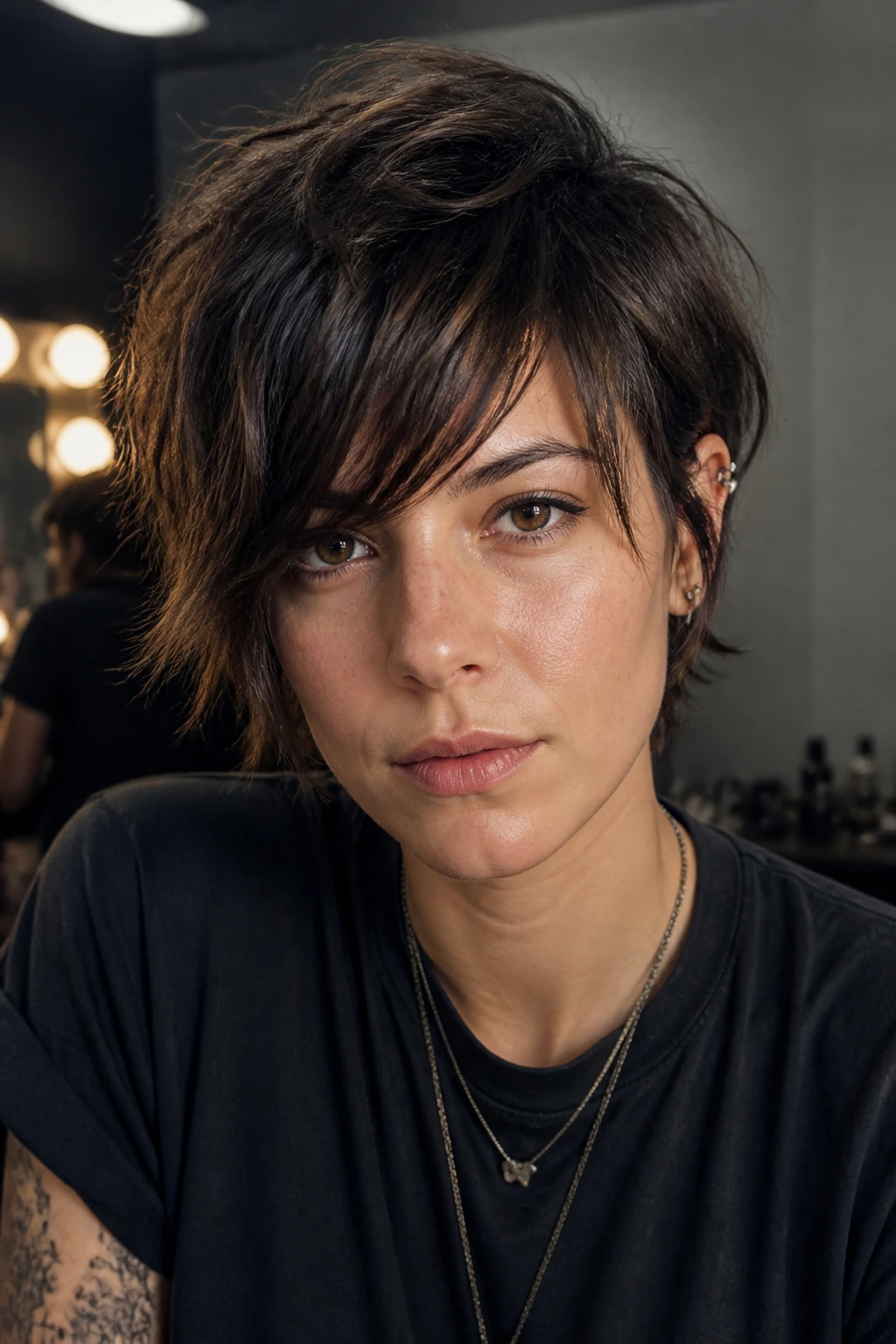 Close-up of a real person with a messy crop and long fringe hairstyle.