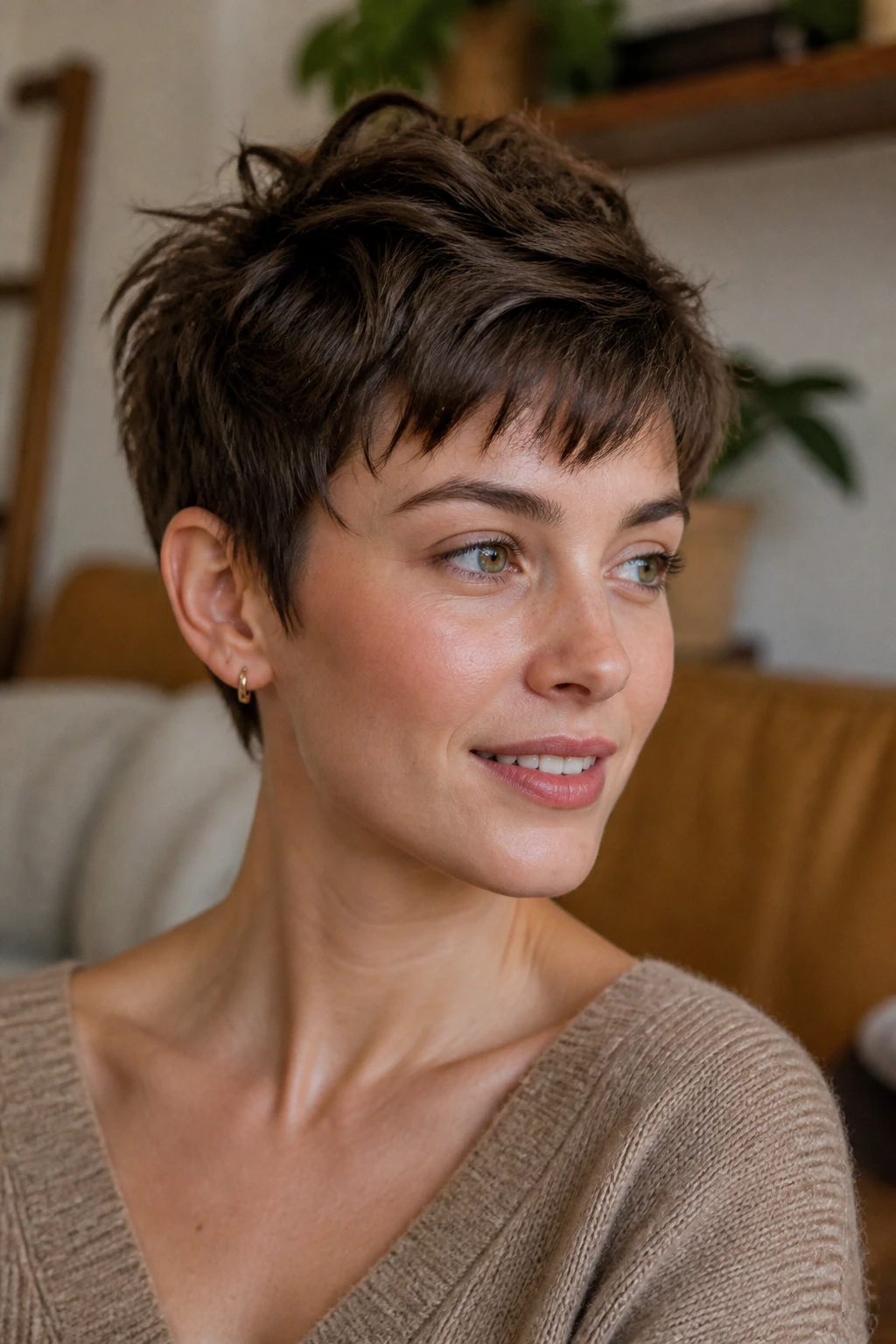 Real woman with messy crop pixie showing tousled texture and crown lift