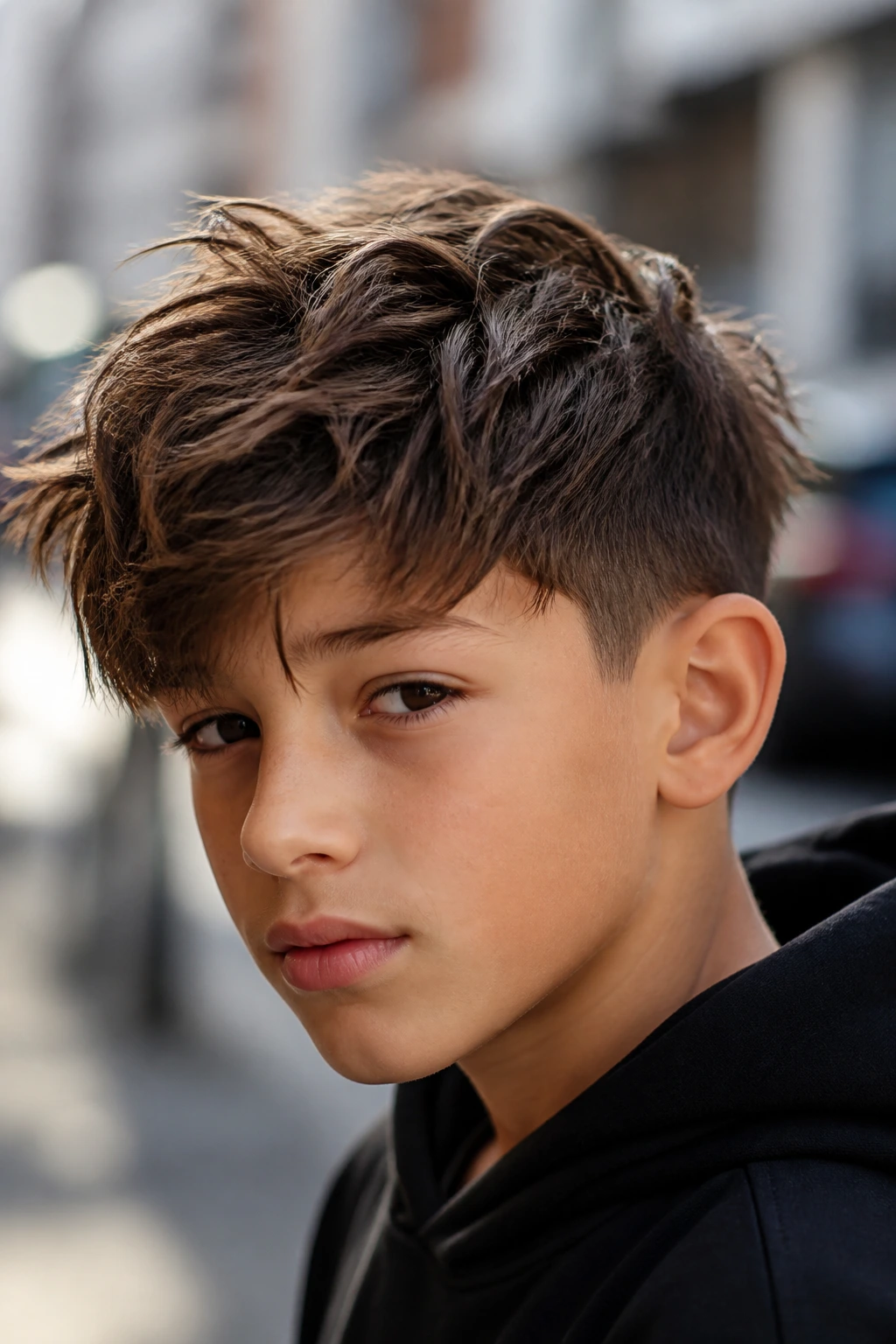 Close-up of a real boy with a messy crop swoop outdoors