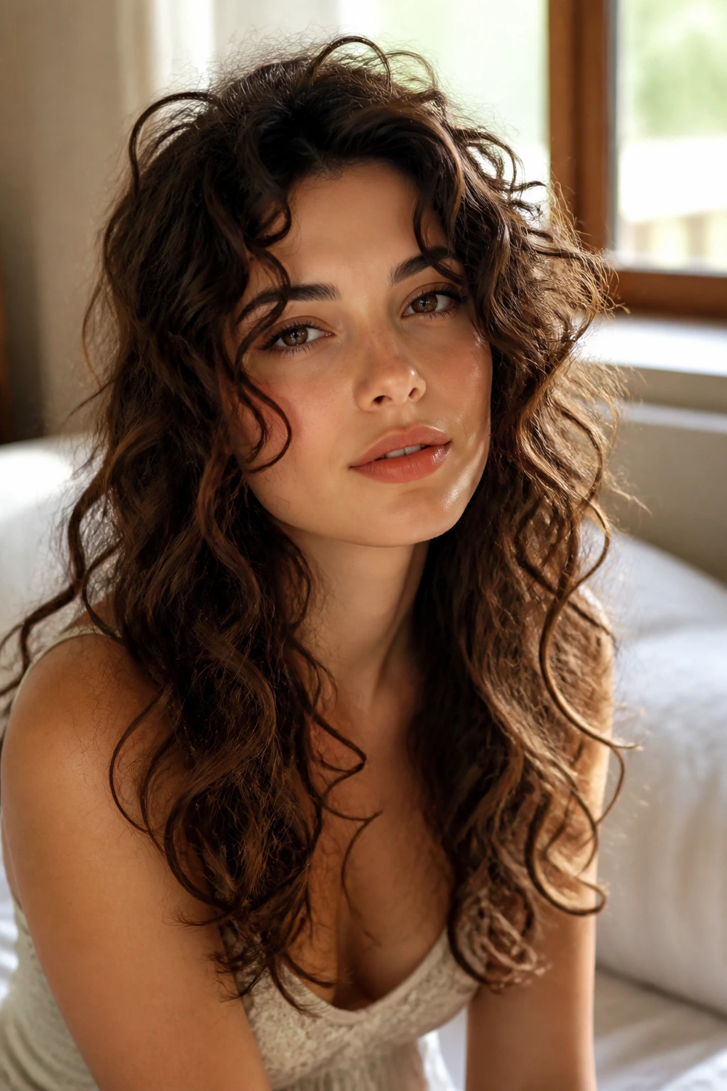 Close-up of a real woman with messy romantic curls framing her face.