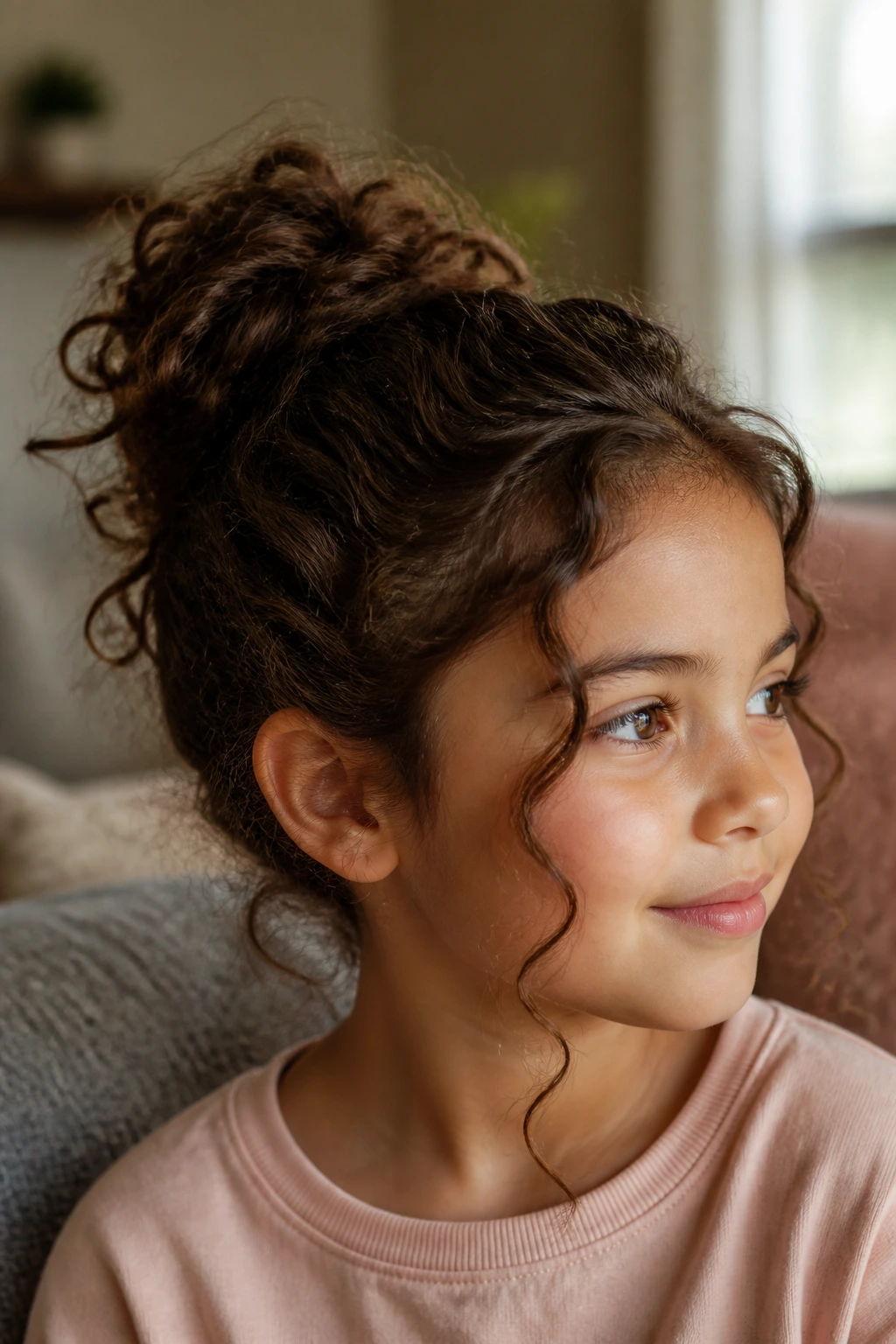 Messy curly bun with face-framing curls on a real person