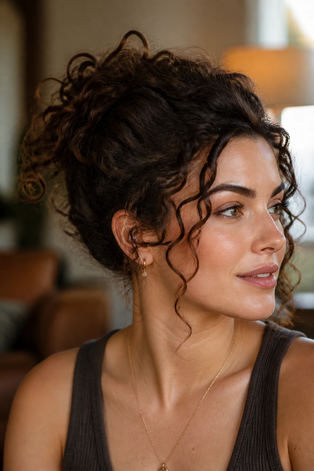 Portrait of a real woman with a messy curly bun and face-framing pieces