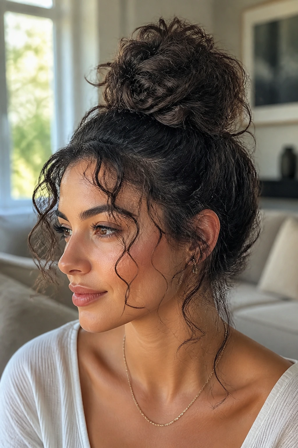 Real woman with messy curly bun and tendrils framing the face