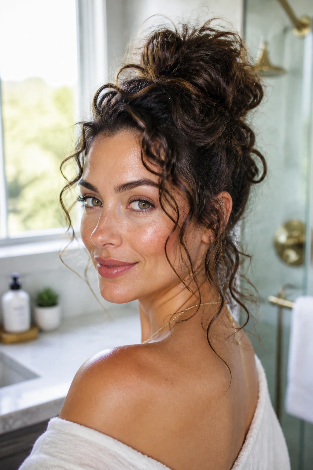 Real woman with a messy curly bun and loose tendrils framing the face.