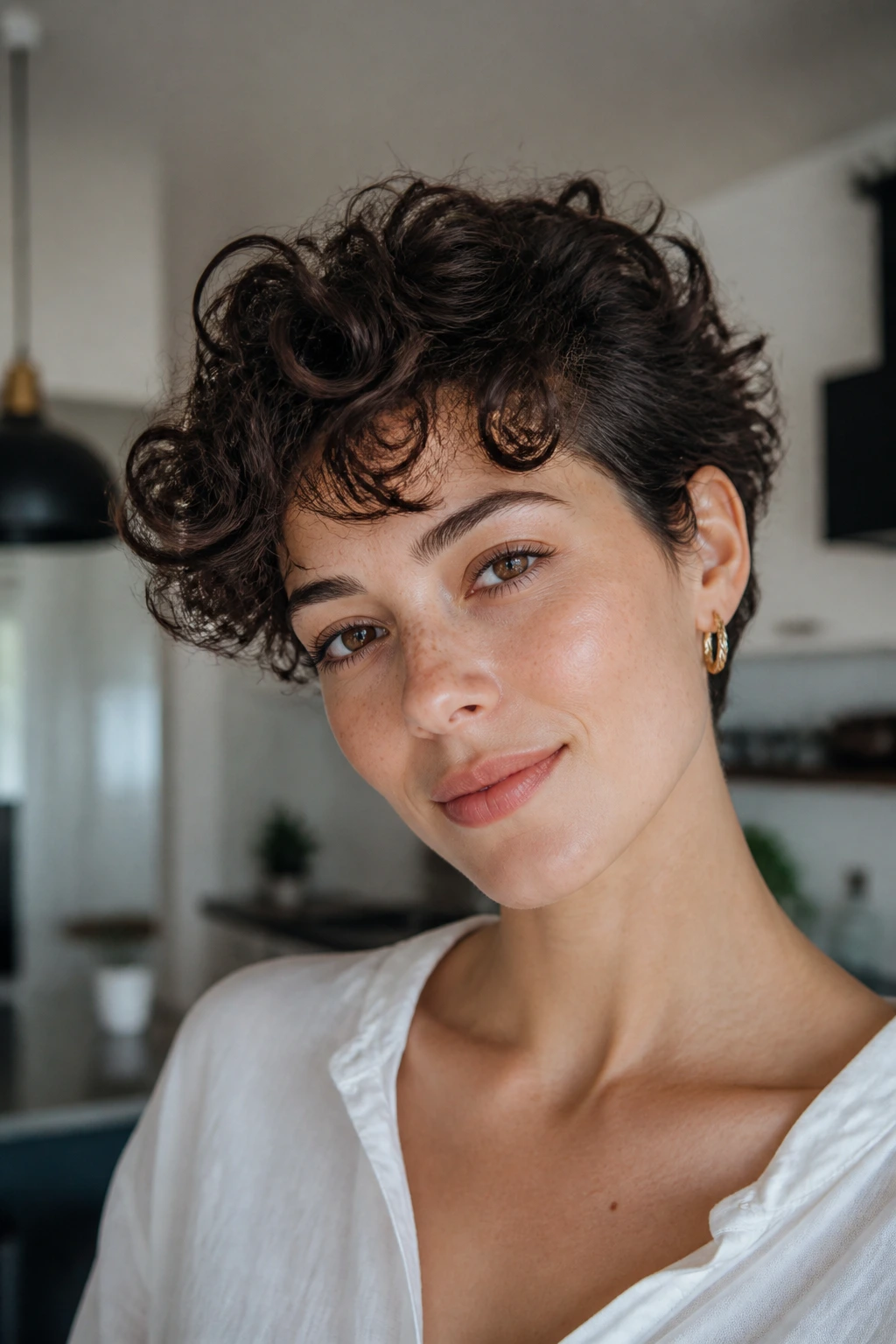 Close up of real person with messy curly crop and tucked sides in bright home setting.