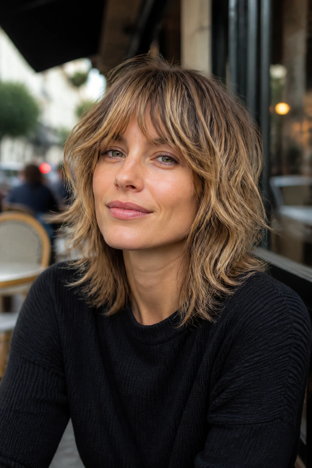 Close-up portrait of a real woman with messy fine-hair shag and caramel highlights.
